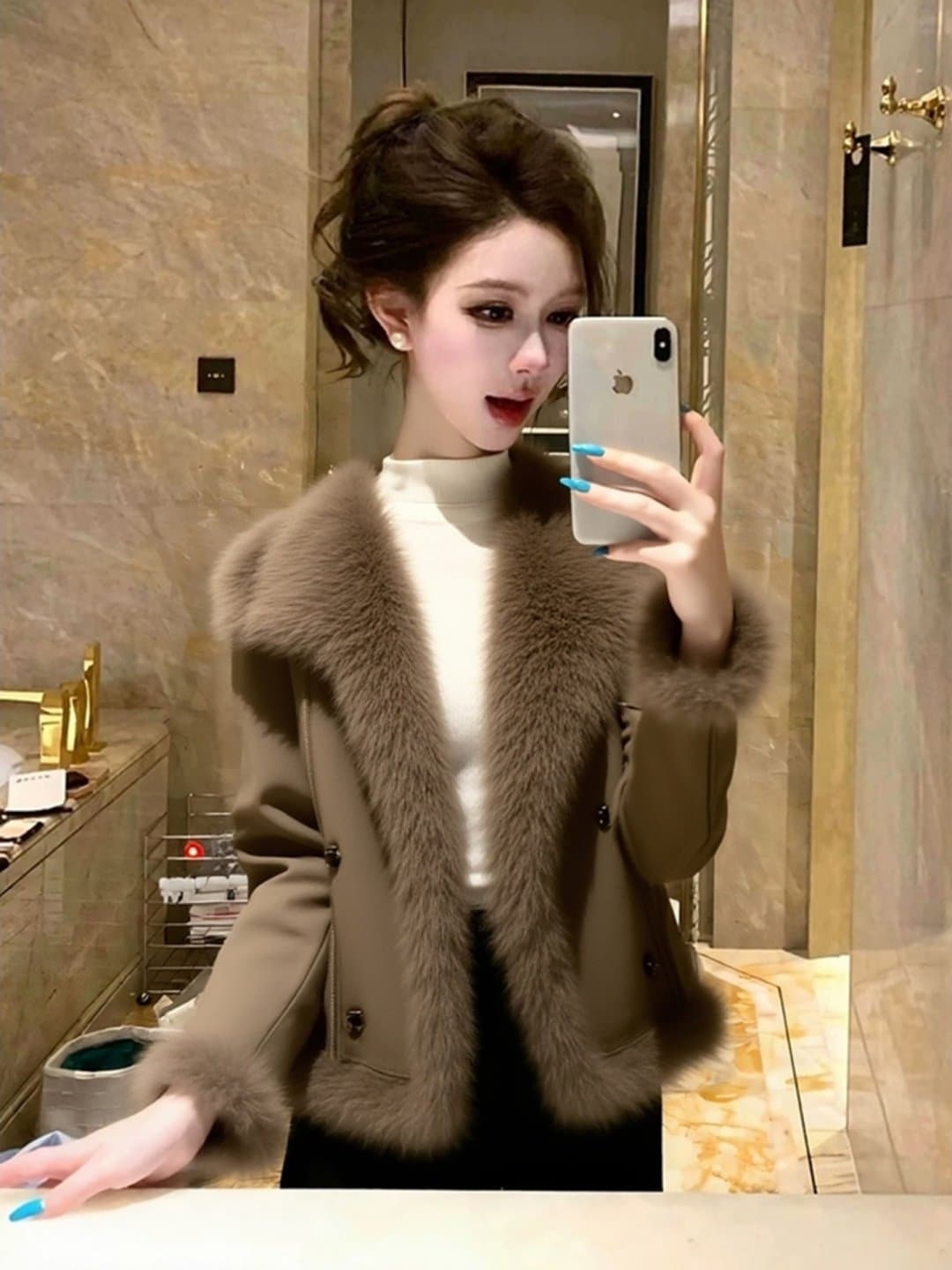 커피 색상 큰 모피 칼라 쇼트 스타일 면 의류 여성 코트 겨울 빅 사이즈 지방 mm 캐주얼 연령 감소 잘 생긴 두꺼운 보온 면 옷 상세 이미지 6