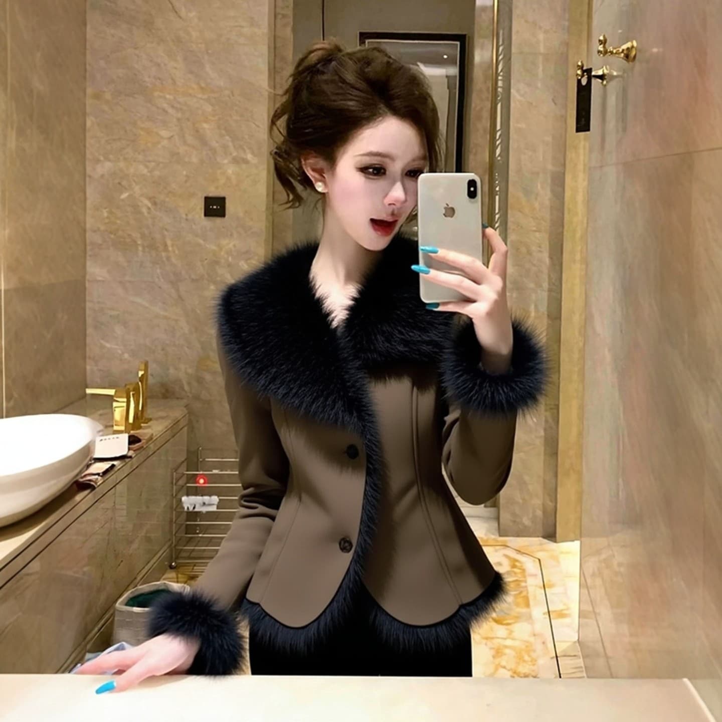 작은 키 큰 모피 칼라 여성 코트 겨울 새로운 털이 있고 두꺼운 고급 작은 샤넬 스타일 고유 한 아름다운 쇼트 스타일 맨위