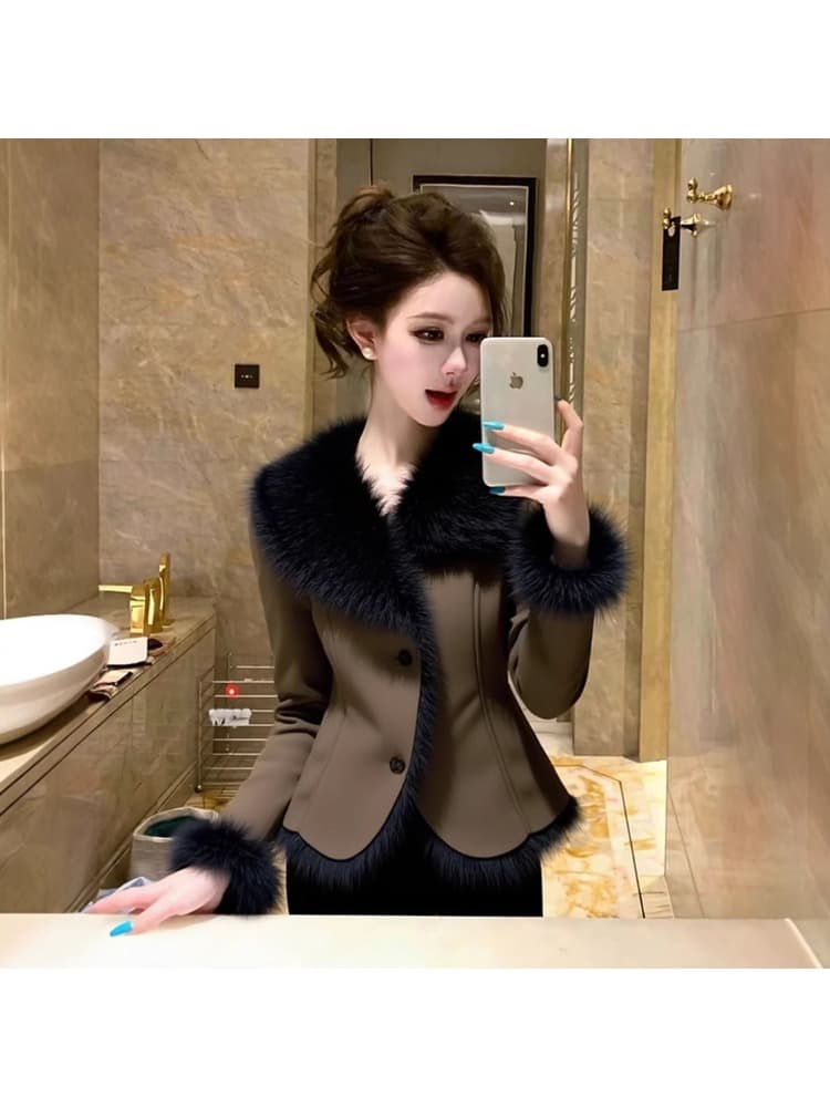작은 키 큰 모피 칼라 여성 코트 겨울 새로운 털이 있고 두꺼운 고급 작은 샤넬 스타일 고유 한 아름다운 쇼트 스타일 맨위 상세 이미지 3