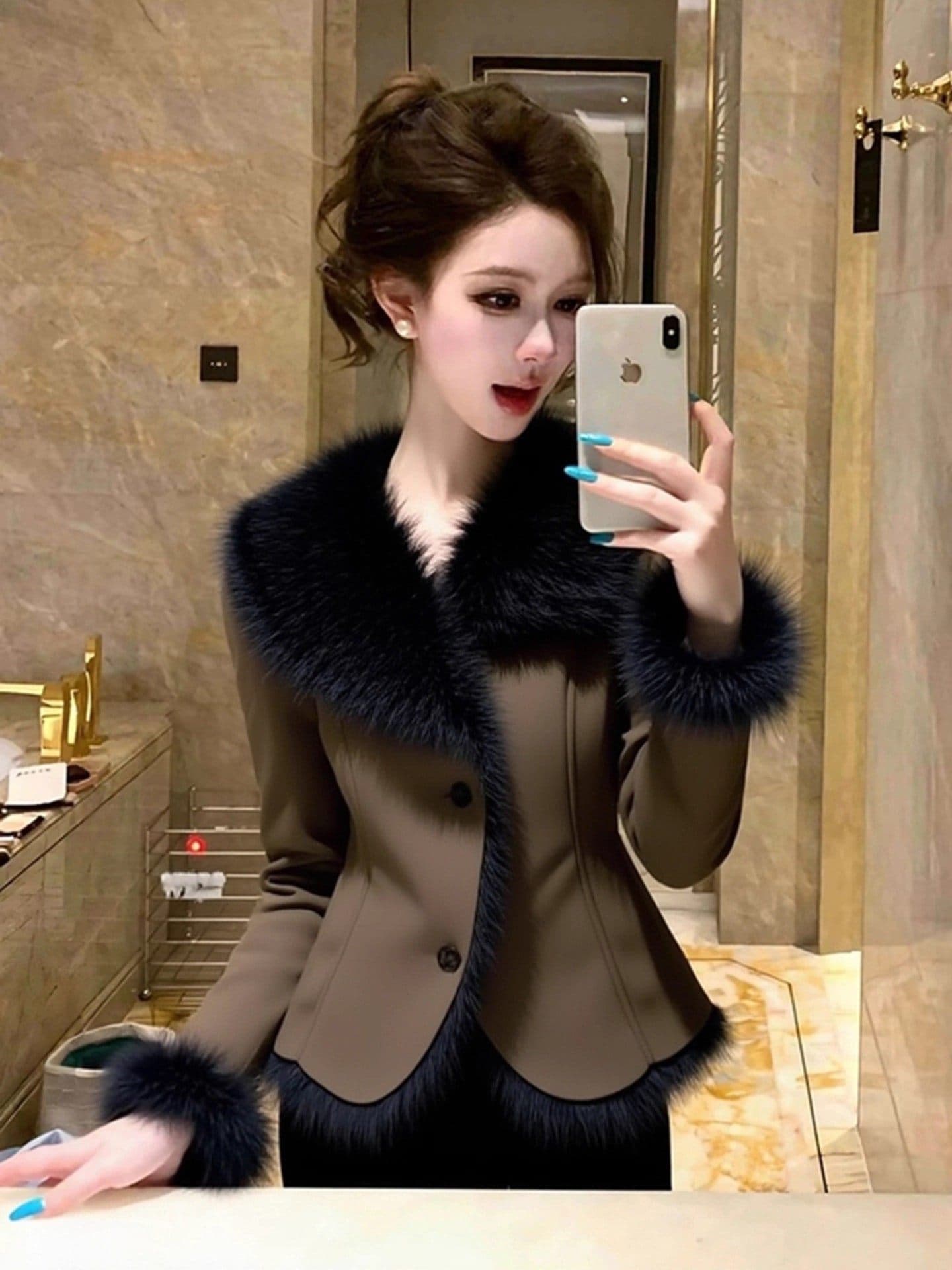 작은 키 큰 모피 칼라 여성 코트 겨울 새로운 털이 있고 두꺼운 고급 작은 샤넬 스타일 고유 한 아름다운 쇼트 스타일 맨위 상세 이미지 5