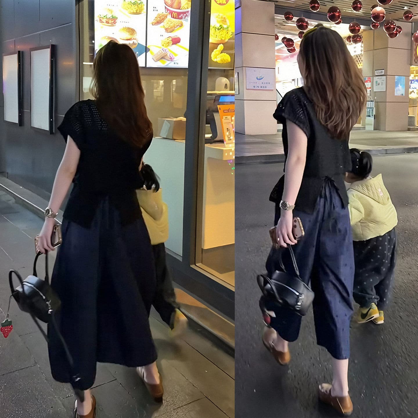 여름 연령 감소 착용 가져 가라. 전체 집합 한 부서 검정색 반팔 티셔츠 맨위 도트 무늬 와이드 레그 팬츠 느슨함 센스 세트 여성