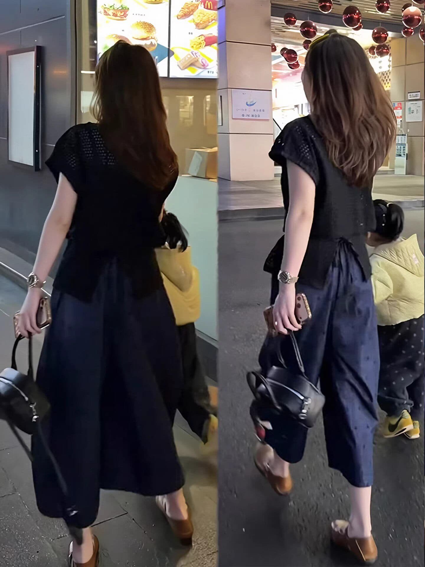 여름 연령 감소 착용 가져 가라. 전체 집합 한 부서 검정색 반팔 티셔츠 맨위 도트 무늬 와이드 레그 팬츠 느슨함 센스 세트 여성 상세 이미지 2
