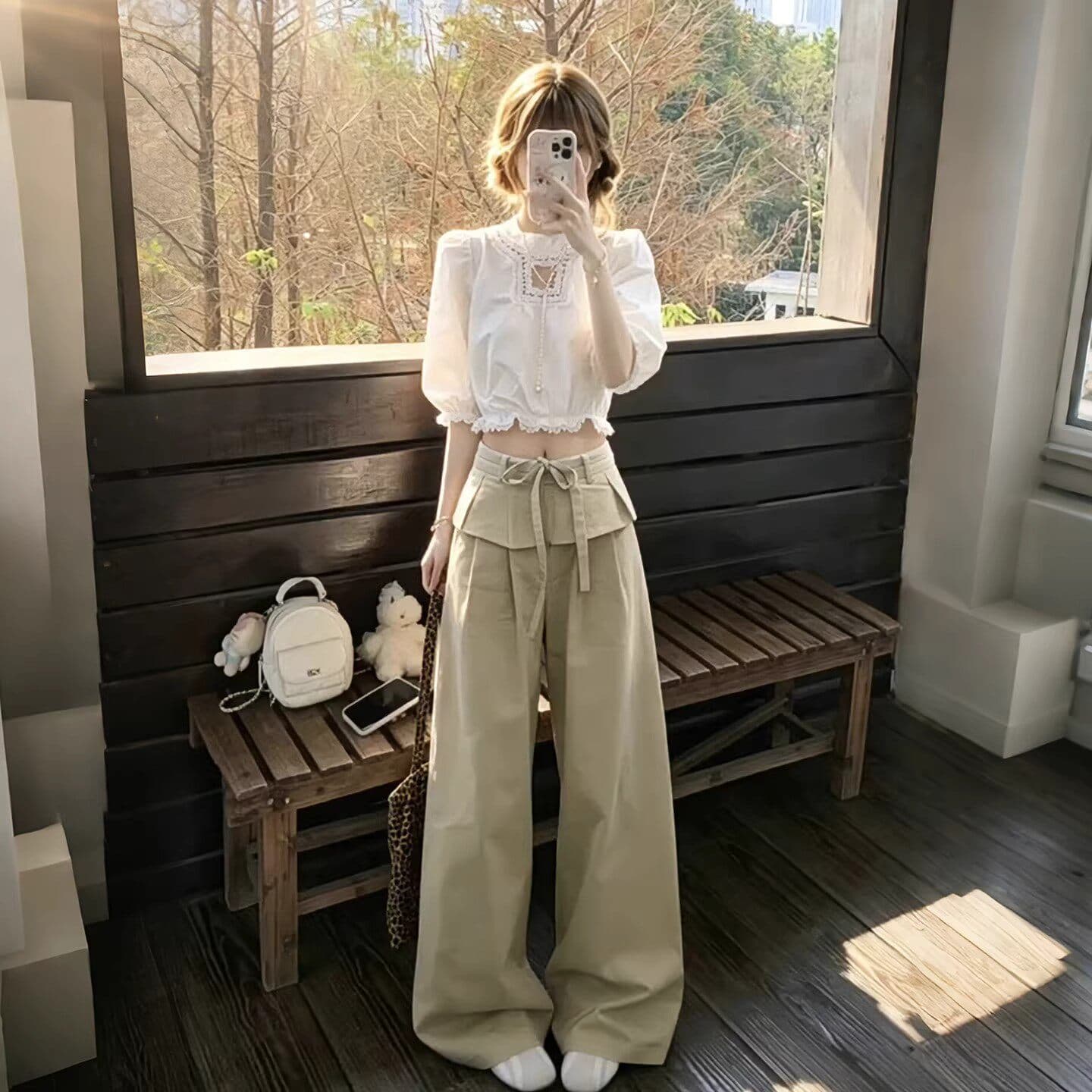 여름 착용 가져 가라. 전체 집합 고급 센스 레이스 반팔 맨위 와이드 레그 팬츠 출퇴근 품격 패션 투피스 슈트 여성 상세 이미지 3