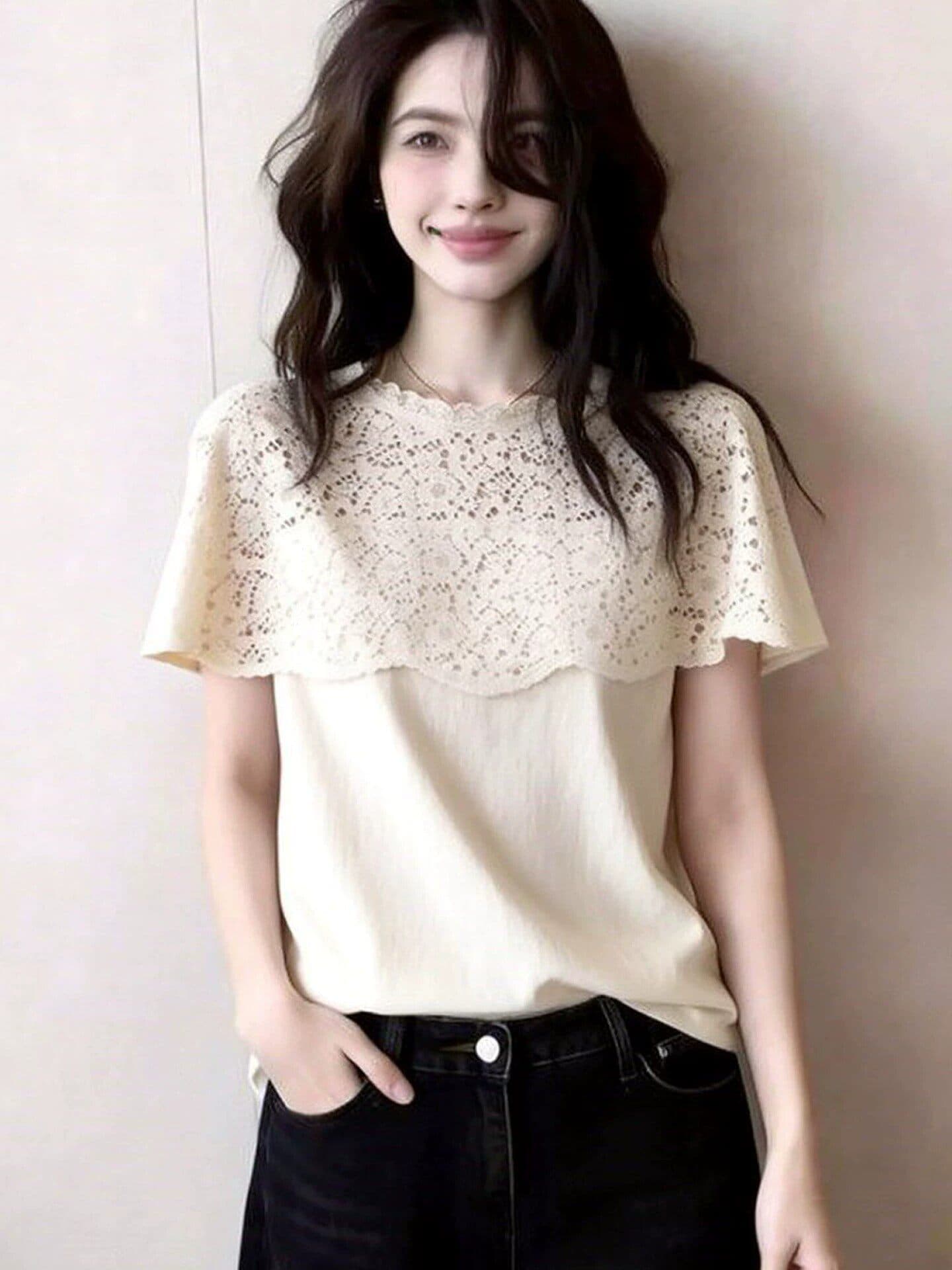 법률 시스템 레이스 홀로우 아웃 페이크 레이어드 맨위 여성 여름 2026 새로운 자이언트 잘 생긴 고유 한 품격 기본 셔츠 티셔츠 상세 이미지 6