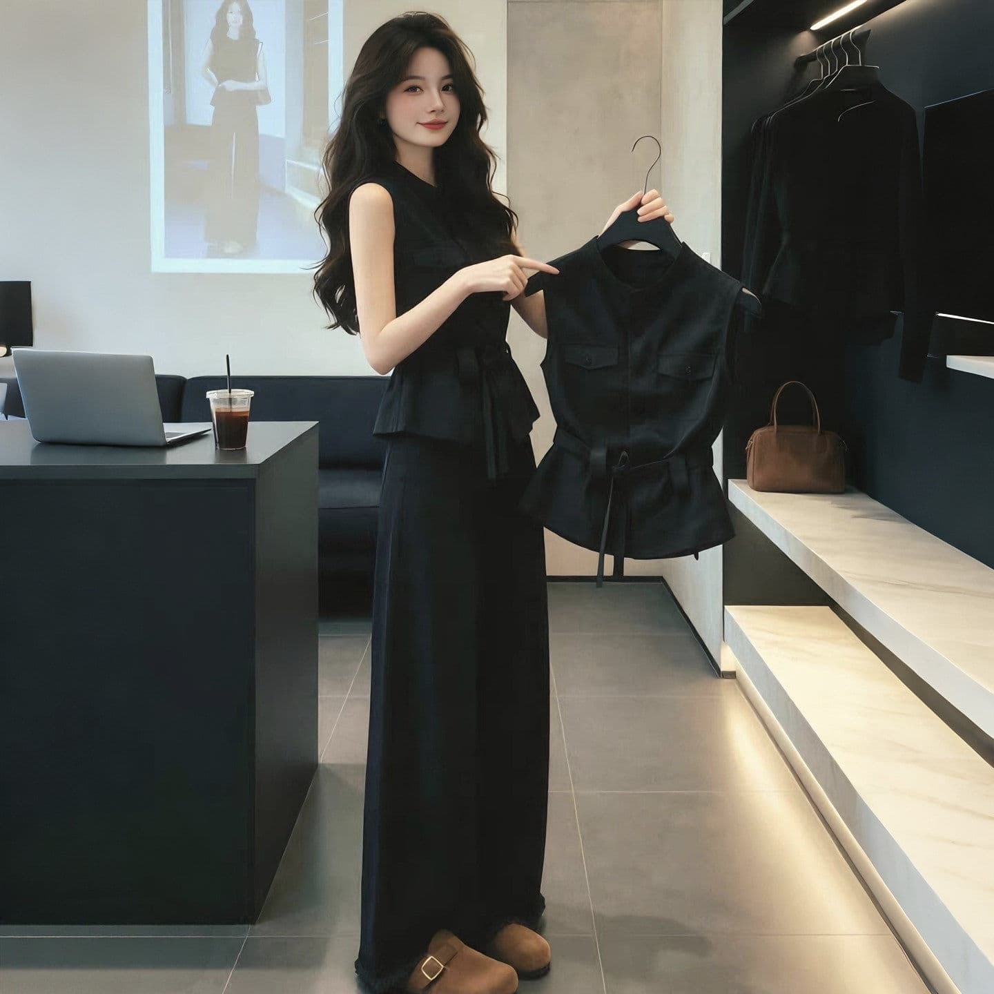 빛 요리 한 바람 품격 커피 색상 민소매 베스트 조끼 여자 여름 새로운 고유 한 품격 슈퍼 잘 생긴 만나는 맨위 이미지 2