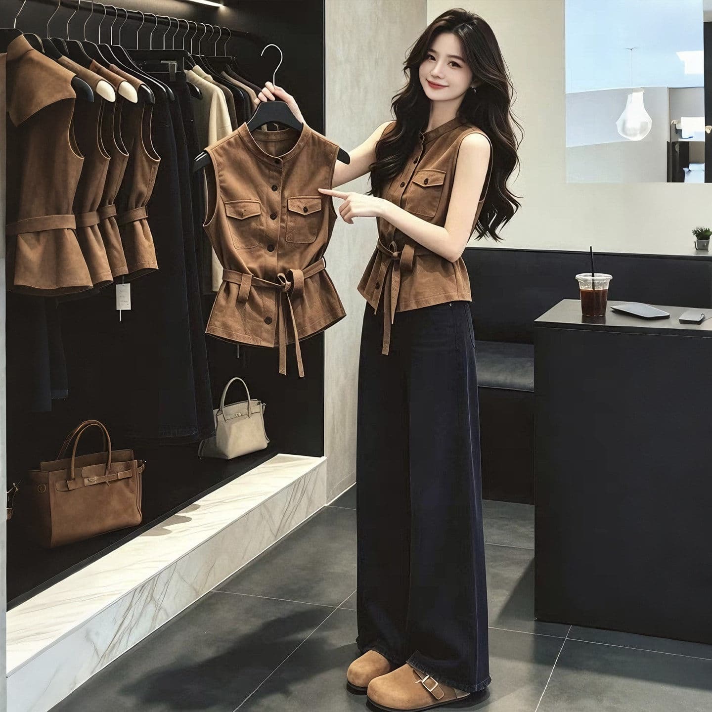 빛 요리 한 바람 품격 커피 색상 민소매 베스트 조끼 여자 여름 새로운 고유 한 품격 슈퍼 잘 생긴 만나는 맨위 상세 이미지 2