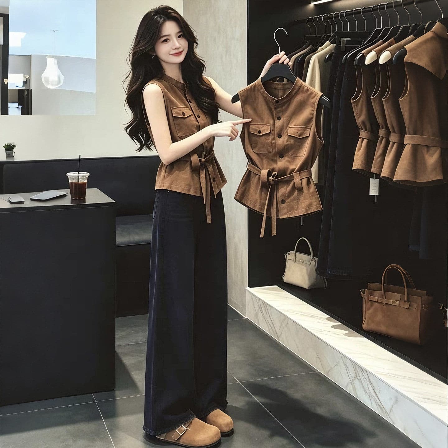 빛 요리 한 바람 품격 커피 색상 민소매 베스트 조끼 여자 여름 새로운 고유 한 품격 슈퍼 잘 생긴 만나는 맨위 상세 이미지 5