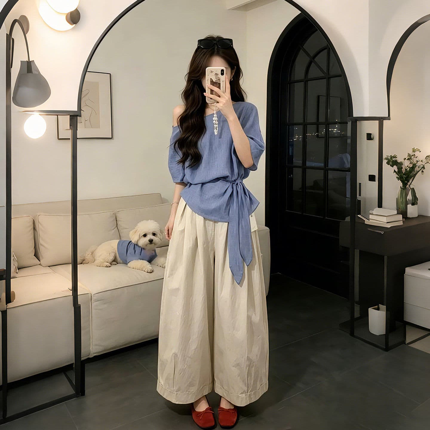 여름 착용 가져 가라. 전체 집합 한 부서 고급 센스 빅 사이즈 지방 mm 허리 수축 비스듬한 어깨 레이스업 맨위 와이드 레그 팬츠 투피스 세트 상세 이미지 2