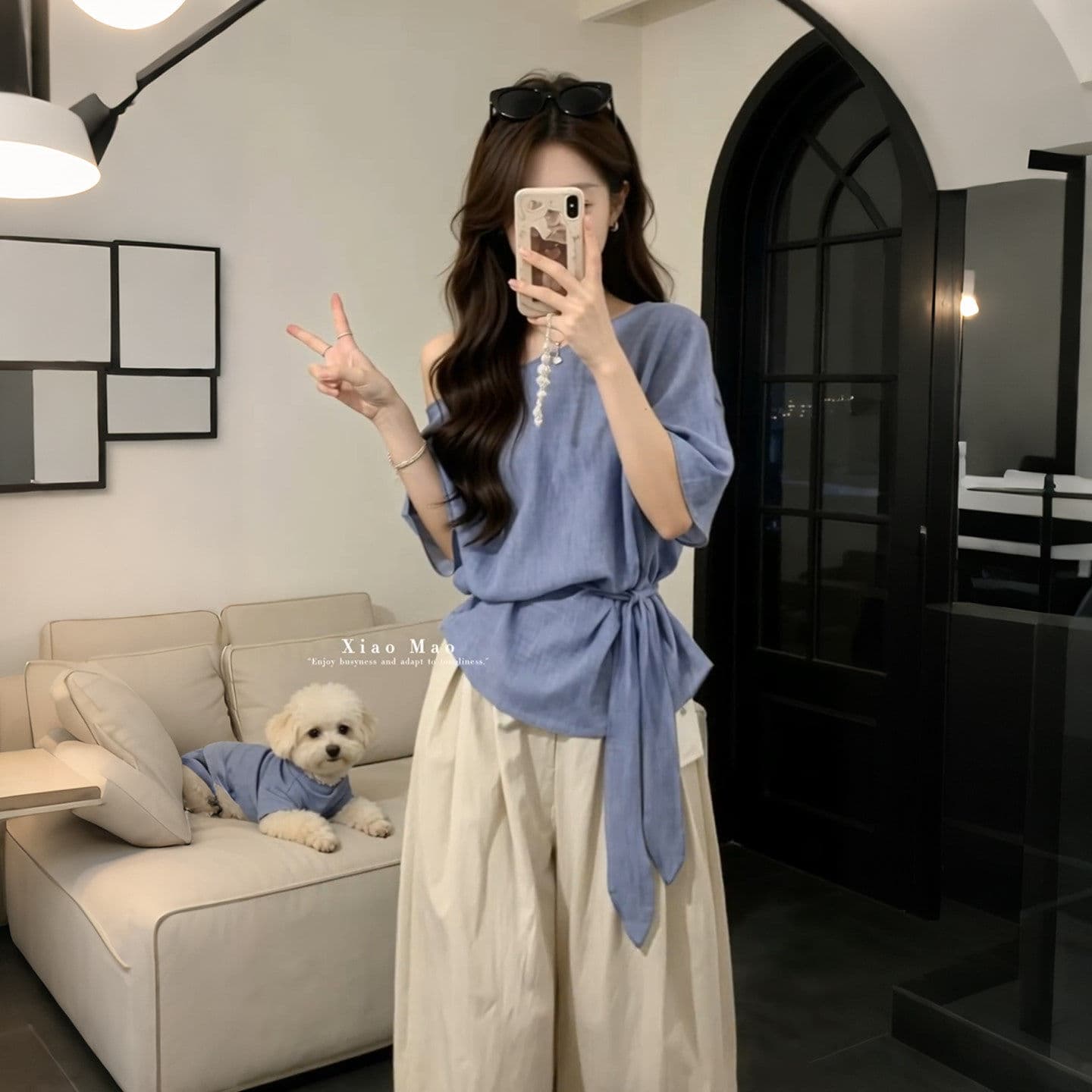 여름 착용 가져 가라. 전체 집합 한 부서 고급 센스 빅 사이즈 지방 mm 허리 수축 비스듬한 어깨 레이스업 맨위 와이드 레그 팬츠 투피스 세트 상세 이미지 7