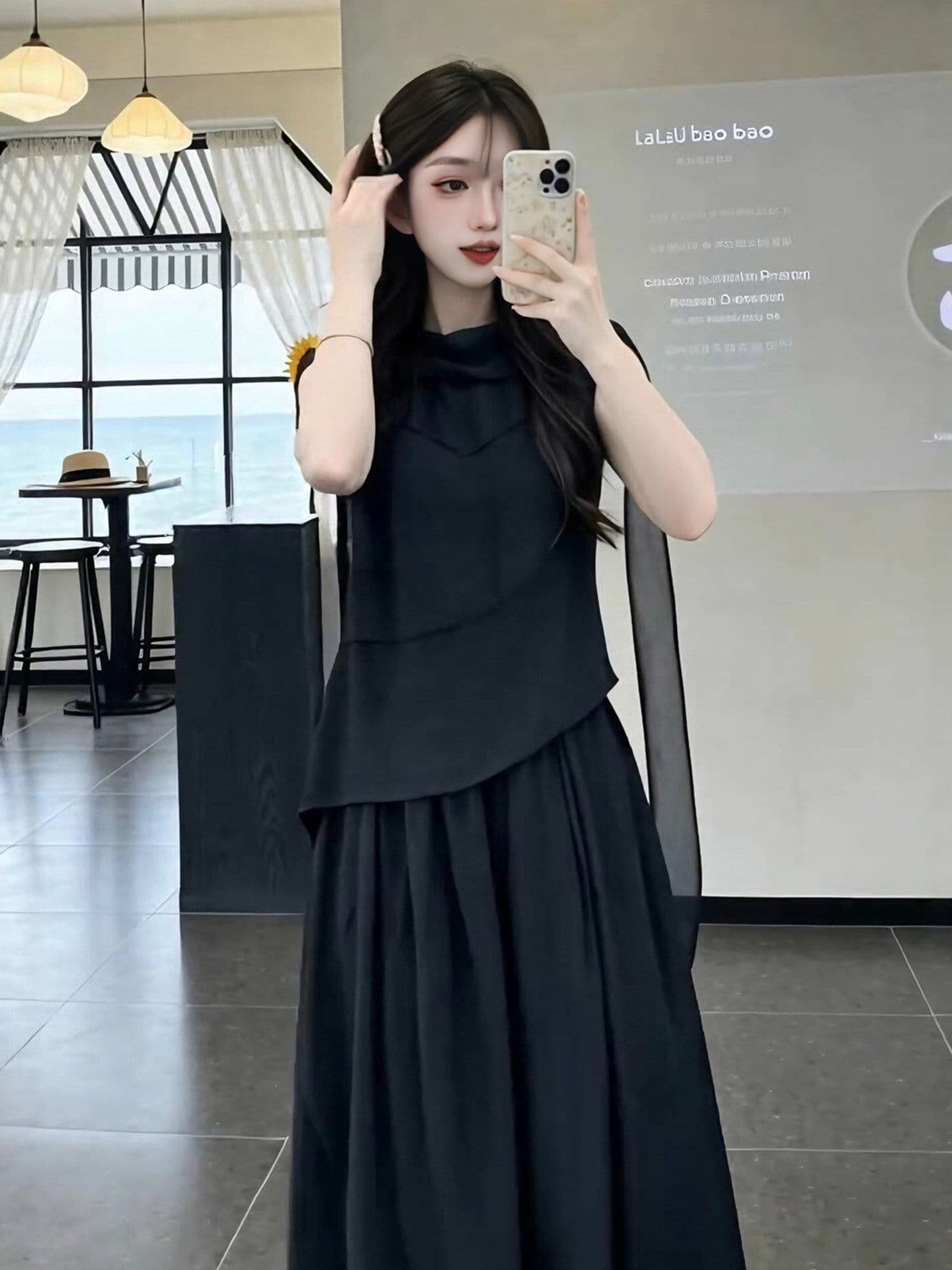 여름 착용 가져 가라. 전체 집합 빛 럭셔리 고급 품격 연령 감소 민소매 리본 맨위 코디 반신 스커트 두 조각 여성 세트 이미지 4