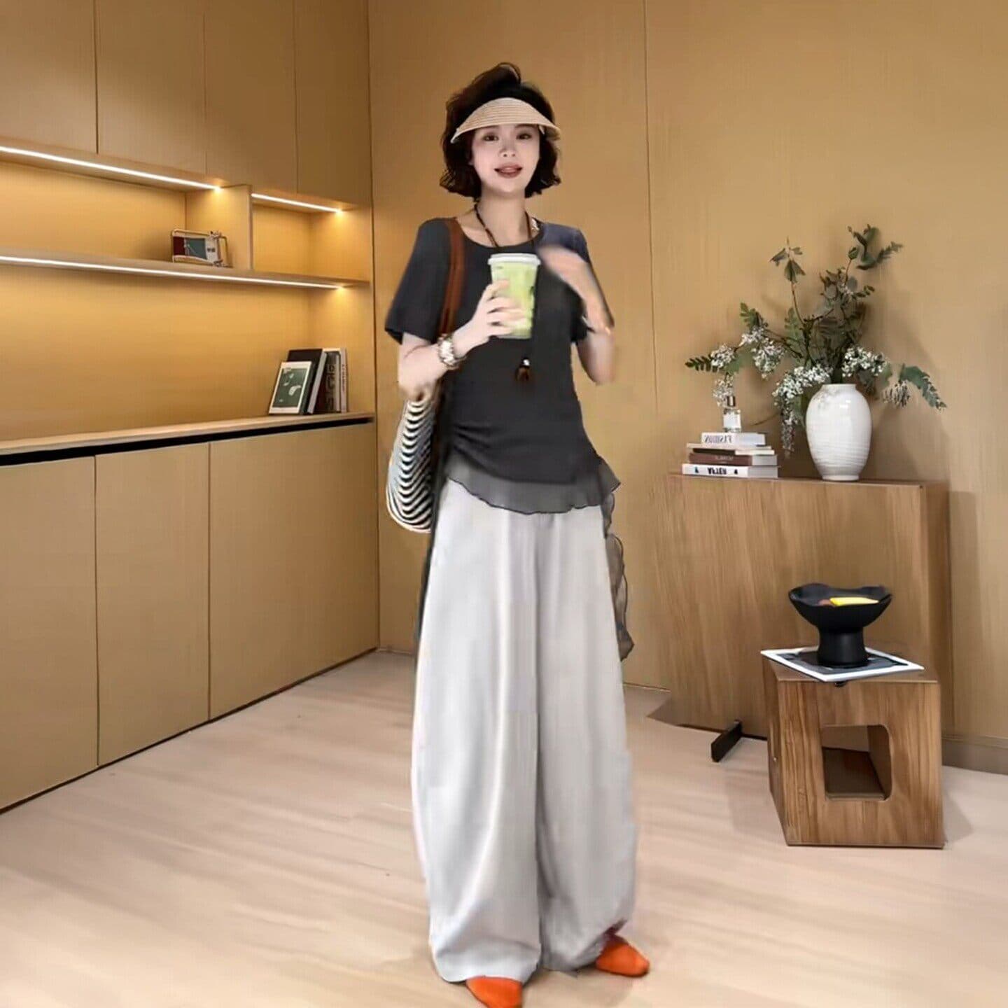 여름 착용 가져 가라. 전체 집합 빅 사이즈 지방 mm 망사 반팔 티셔츠 와이드 레그 팬츠 느슨함 센스 고급 투피스 슈트 여성