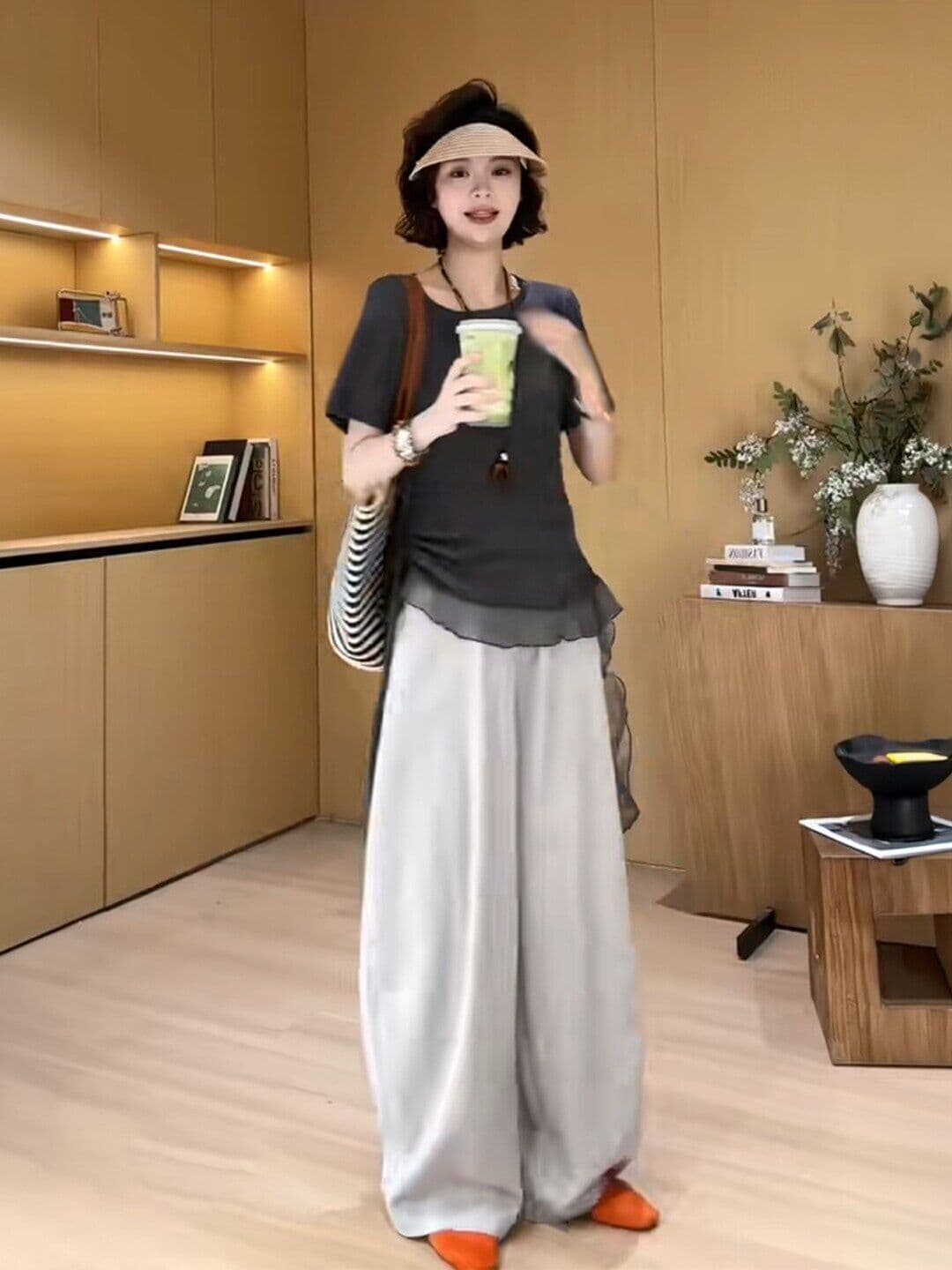 여름 착용 가져 가라. 전체 집합 빅 사이즈 지방 mm 망사 반팔 티셔츠 와이드 레그 팬츠 느슨함 센스 고급 투피스 슈트 여성 상세 이미지 9