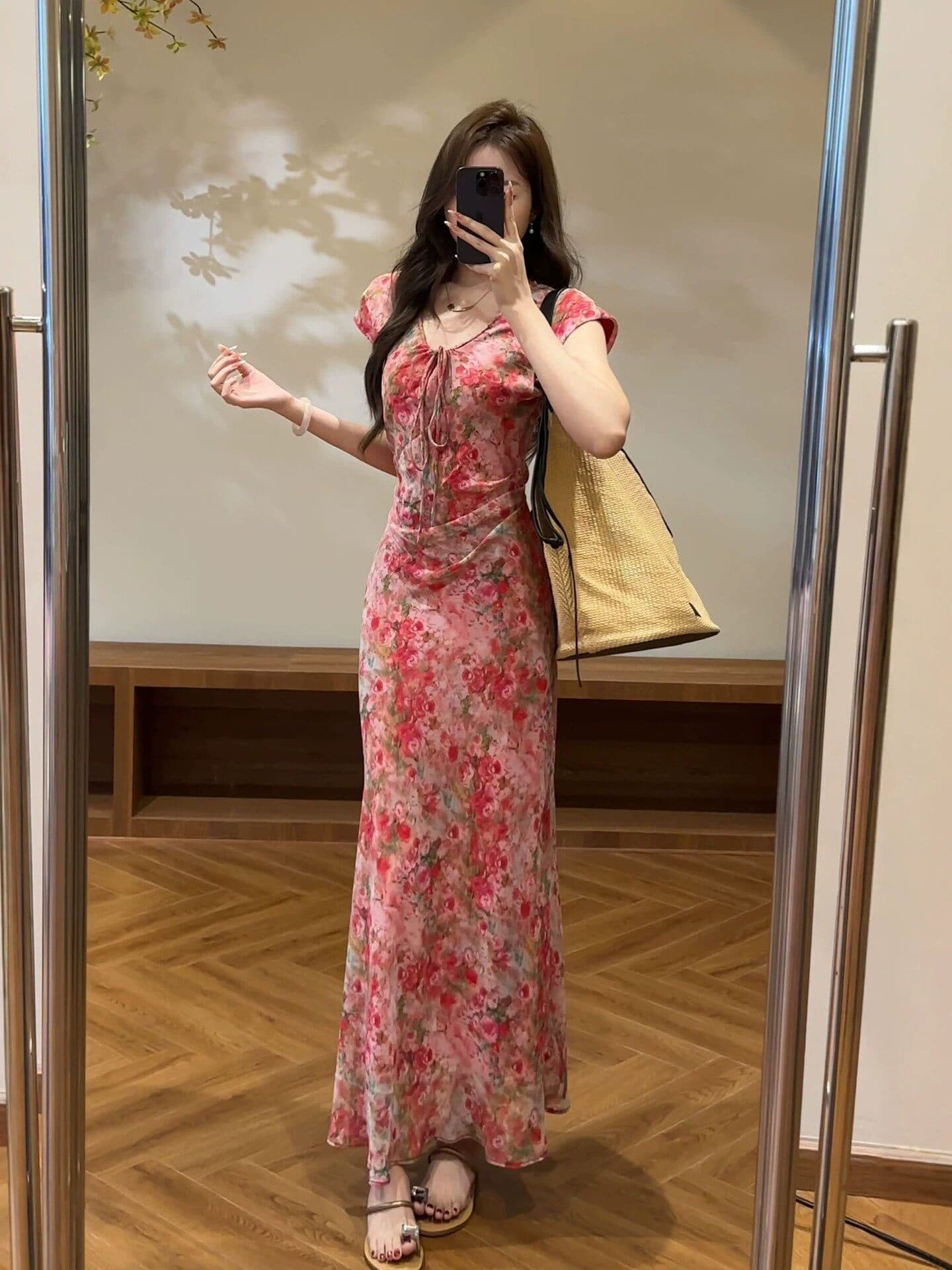 프랑스식 허리 수축 슬림해 보이는 꽃무늬 여성 드레스 여름 자이언트 잘 생긴 고유 한 아름다운 롱 스커트 해변가 휴가 작은 치마