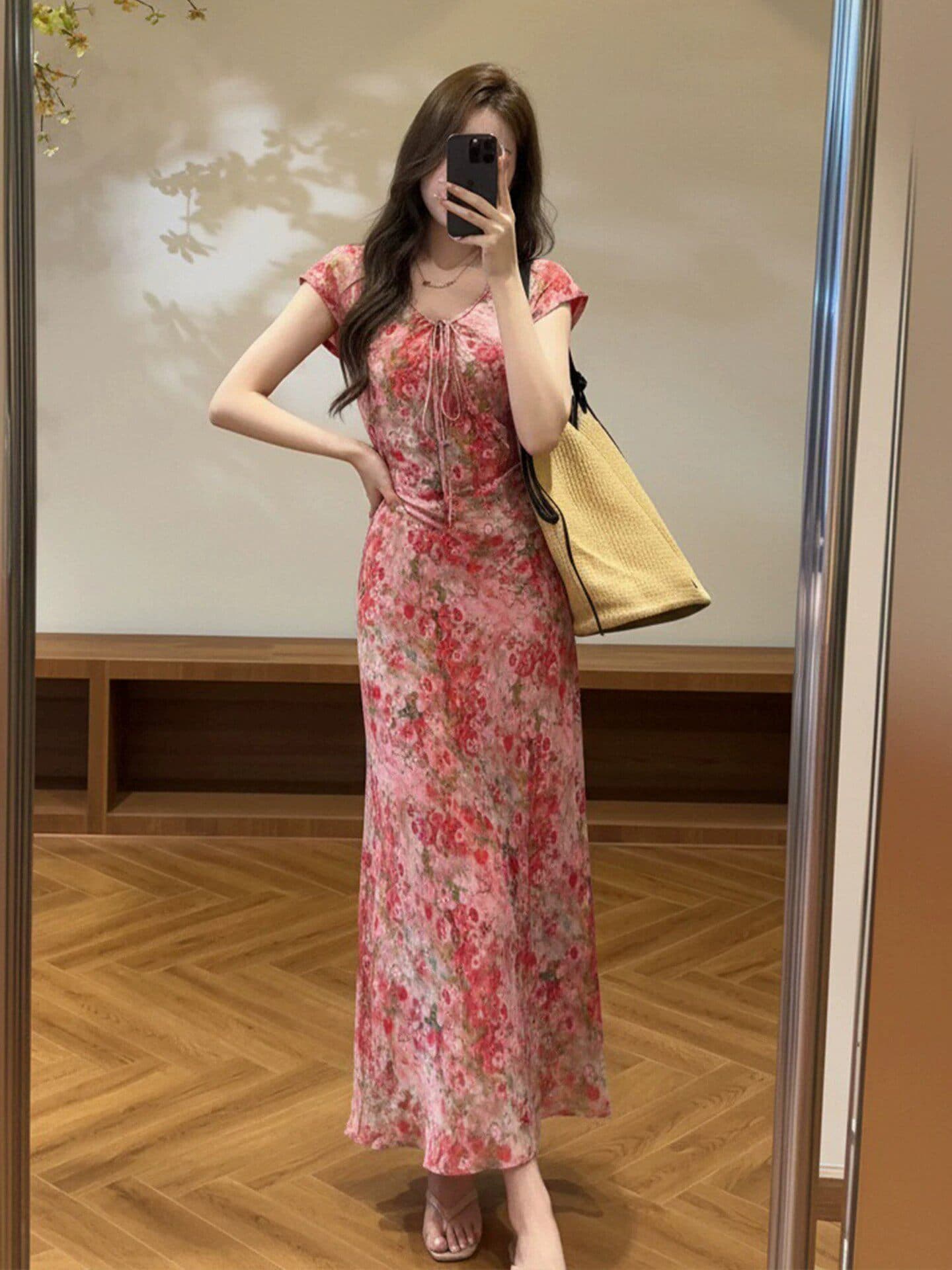프랑스식 허리 수축 슬림해 보이는 꽃무늬 여성 드레스 여름 자이언트 잘 생긴 고유 한 아름다운 롱 스커트 해변가 휴가 작은 치마 이미지 3