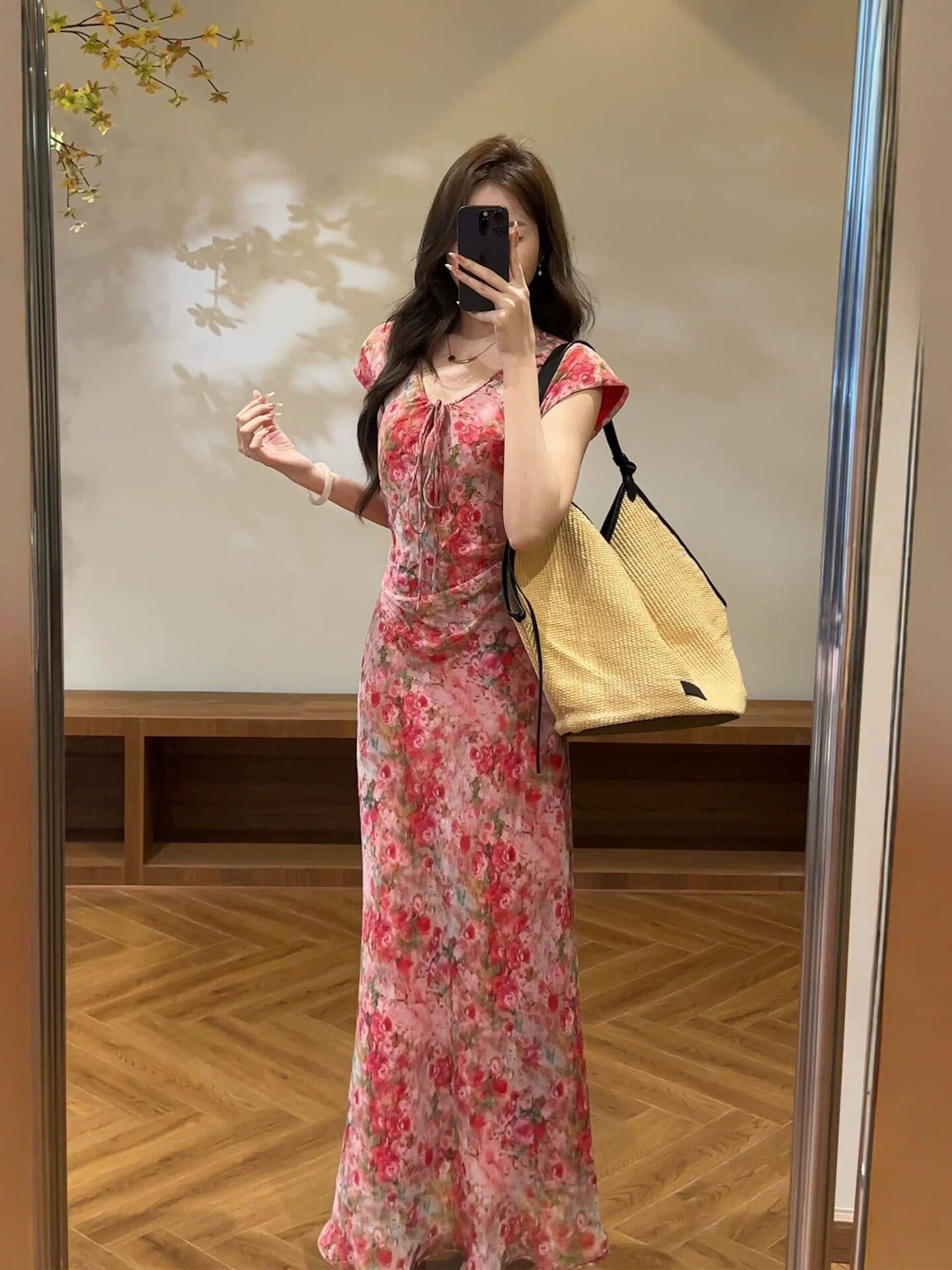 프랑스식 허리 수축 슬림해 보이는 꽃무늬 여성 드레스 여름 자이언트 잘 생긴 고유 한 아름다운 롱 스커트 해변가 휴가 작은 치마 상세 이미지 2