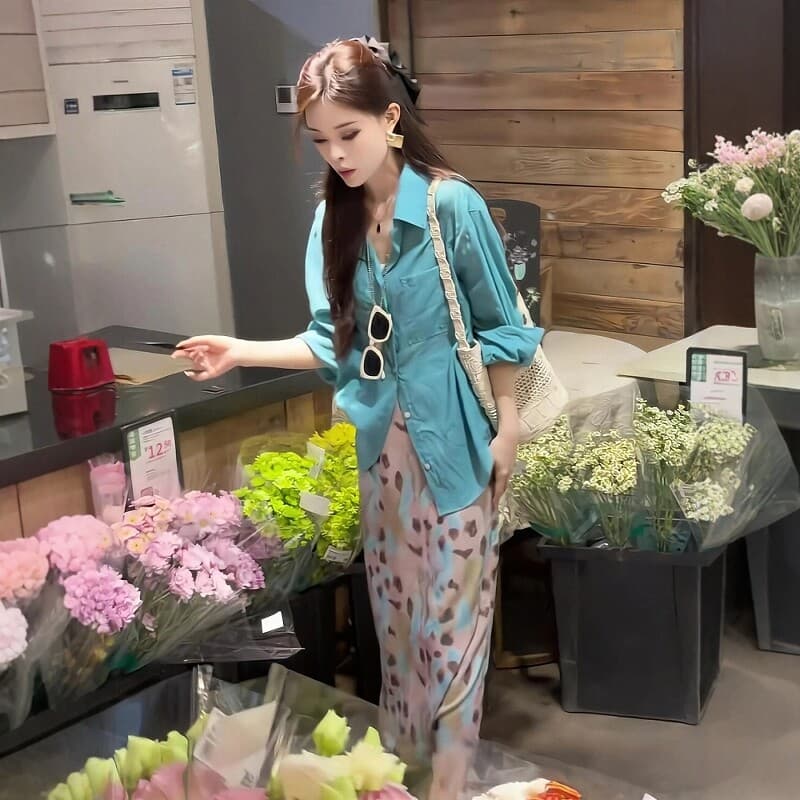 여름 착용 가져 가라. 전체 집합 지방 mm 한 부서 빛 럭셔리 자외선 차단 셔츠 프린트 반신 스커트 품격 연령 감소 잘 생긴 세트 상세 이미지 7