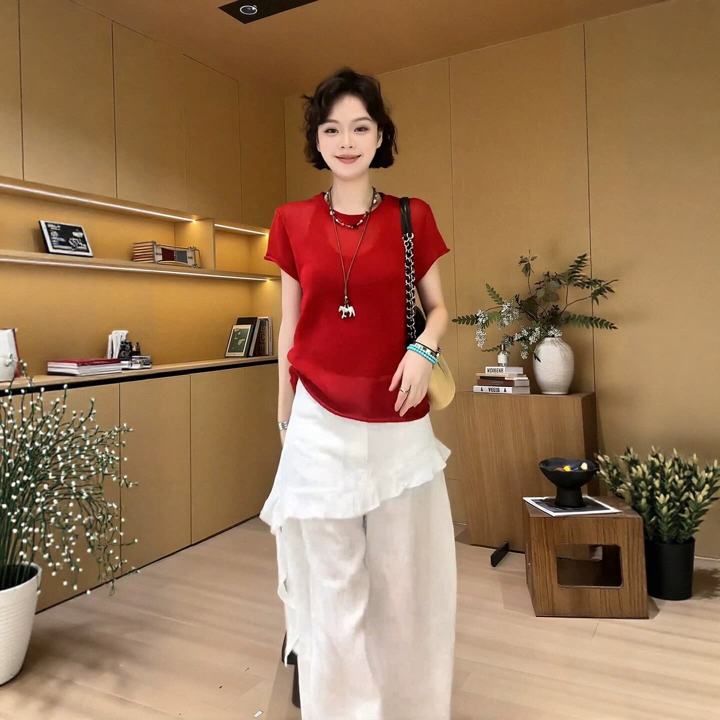 여름 착용 가져 가라. 전체 집합 빅 사이즈 지방 mm 빨간색 반팔 니트 스웨터 캐주얼 와이드 레그 팬츠 한 부서 잘 생긴 세트 여성 이미지 5