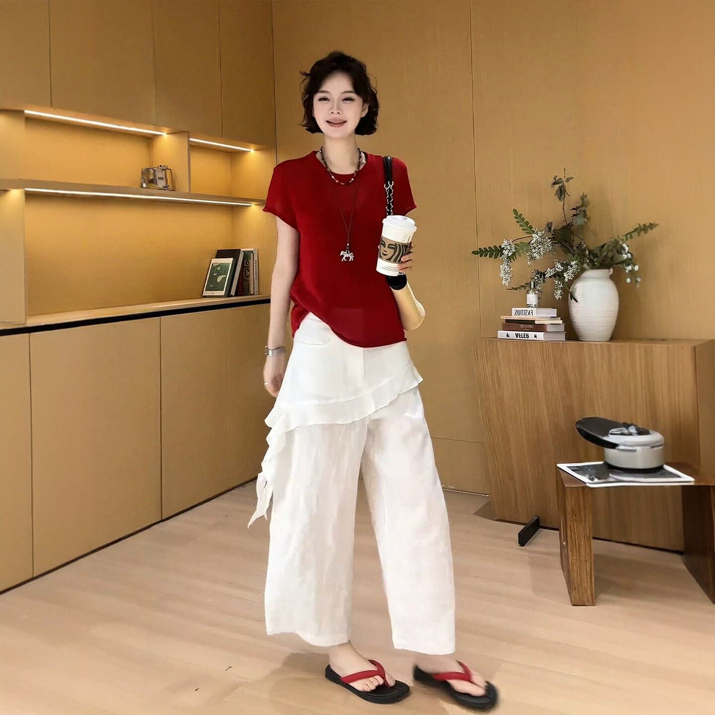 여름 착용 가져 가라. 전체 집합 빅 사이즈 지방 mm 빨간색 반팔 니트 스웨터 캐주얼 와이드 레그 팬츠 한 부서 잘 생긴 세트 여성 이미지 3
