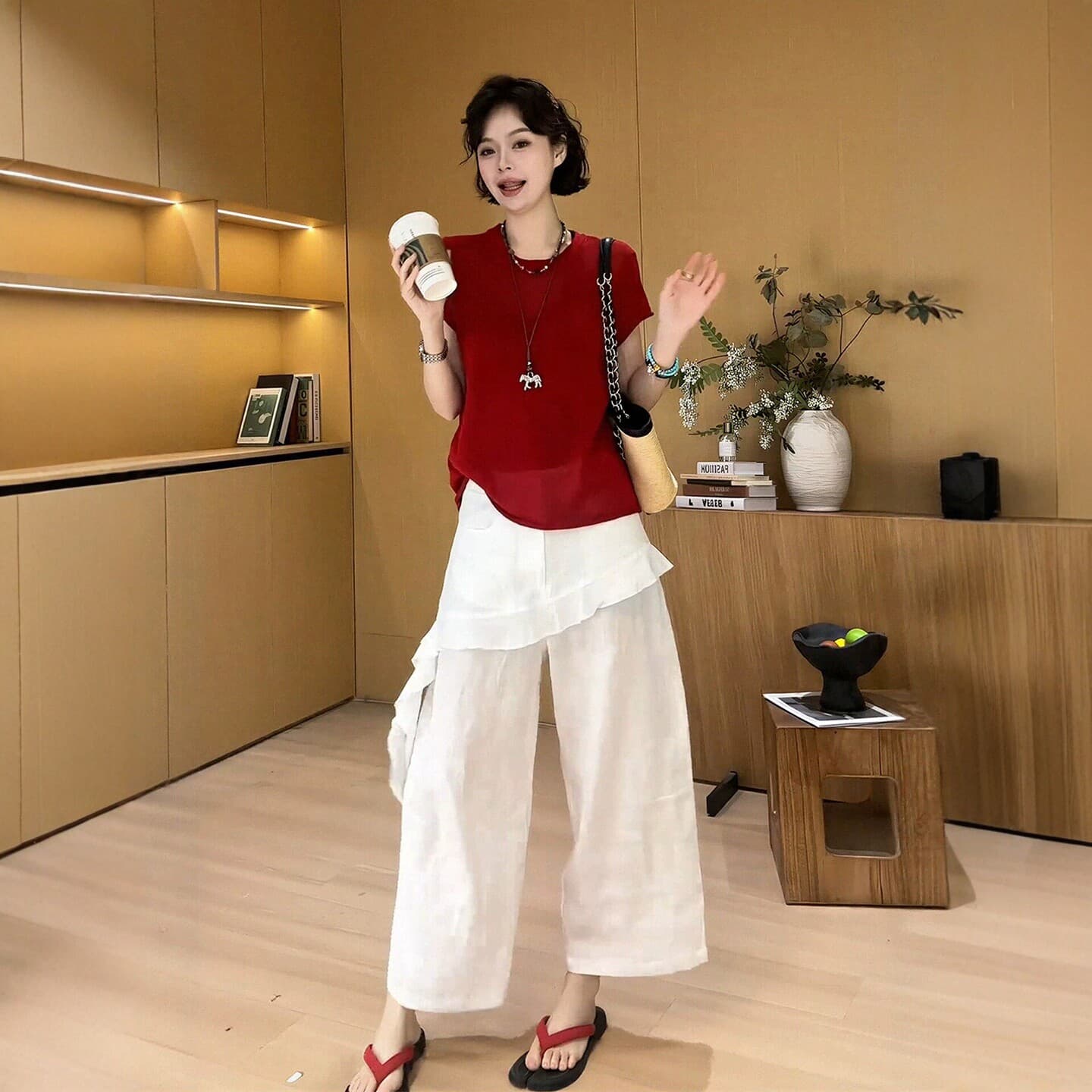 여름 착용 가져 가라. 전체 집합 빅 사이즈 지방 mm 빨간색 반팔 니트 스웨터 캐주얼 와이드 레그 팬츠 한 부서 잘 생긴 세트 여성 상세 이미지 2