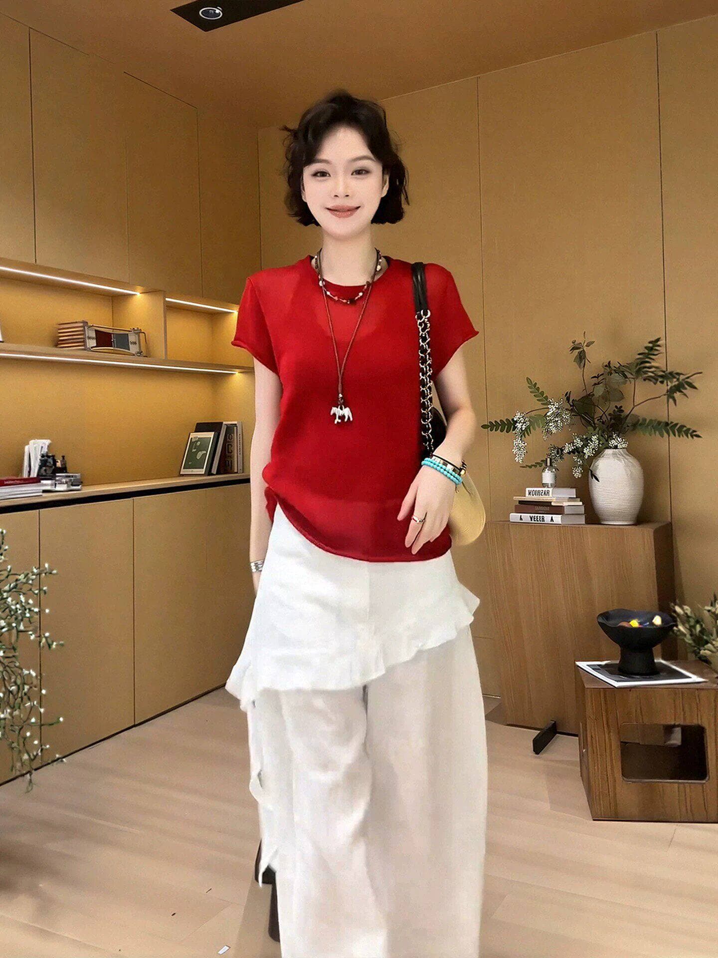 여름 착용 가져 가라. 전체 집합 빅 사이즈 지방 mm 빨간색 반팔 니트 스웨터 캐주얼 와이드 레그 팬츠 한 부서 잘 생긴 세트 여성 상세 이미지 10