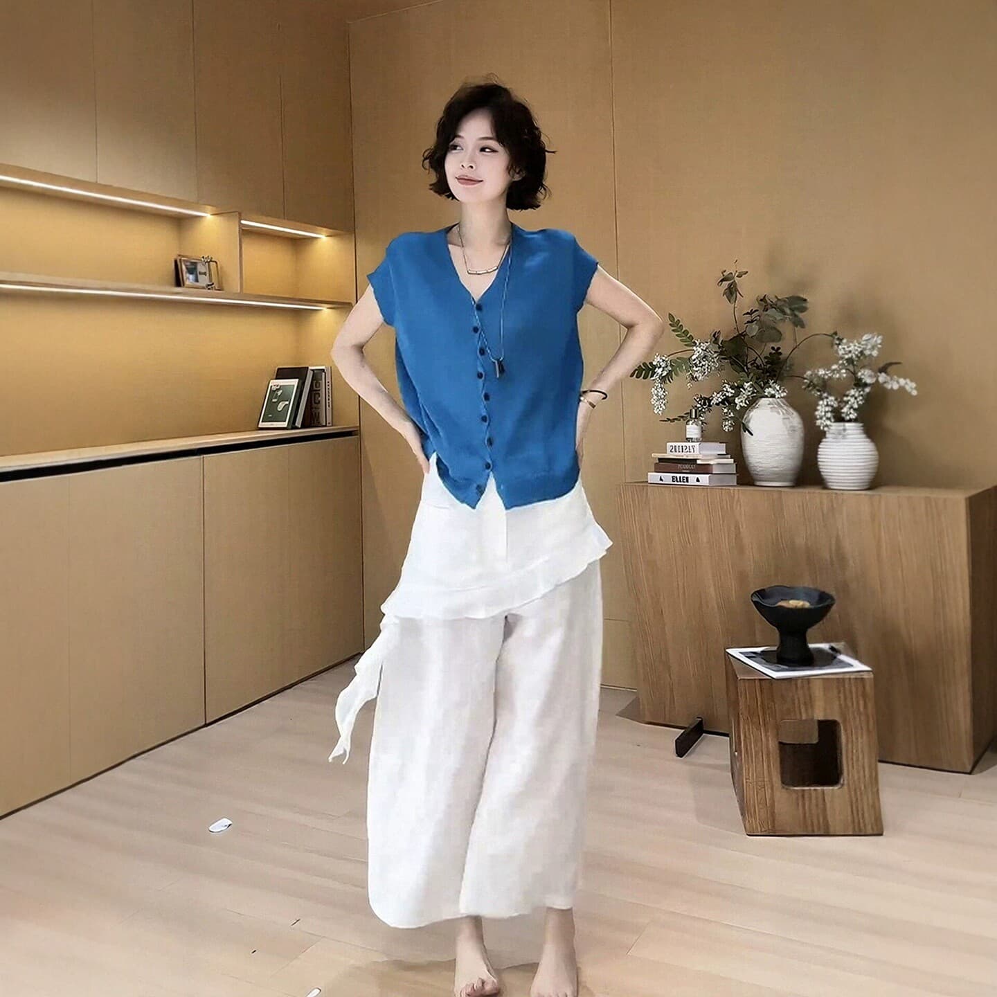 여름 착용 가져 가라. 전체 집합 빅 사이즈 지방 mm 파란색 니트 스웨터 방귀 커튼 와이드 레그 팬츠 고유 한 고급 투피스 슈트 여성