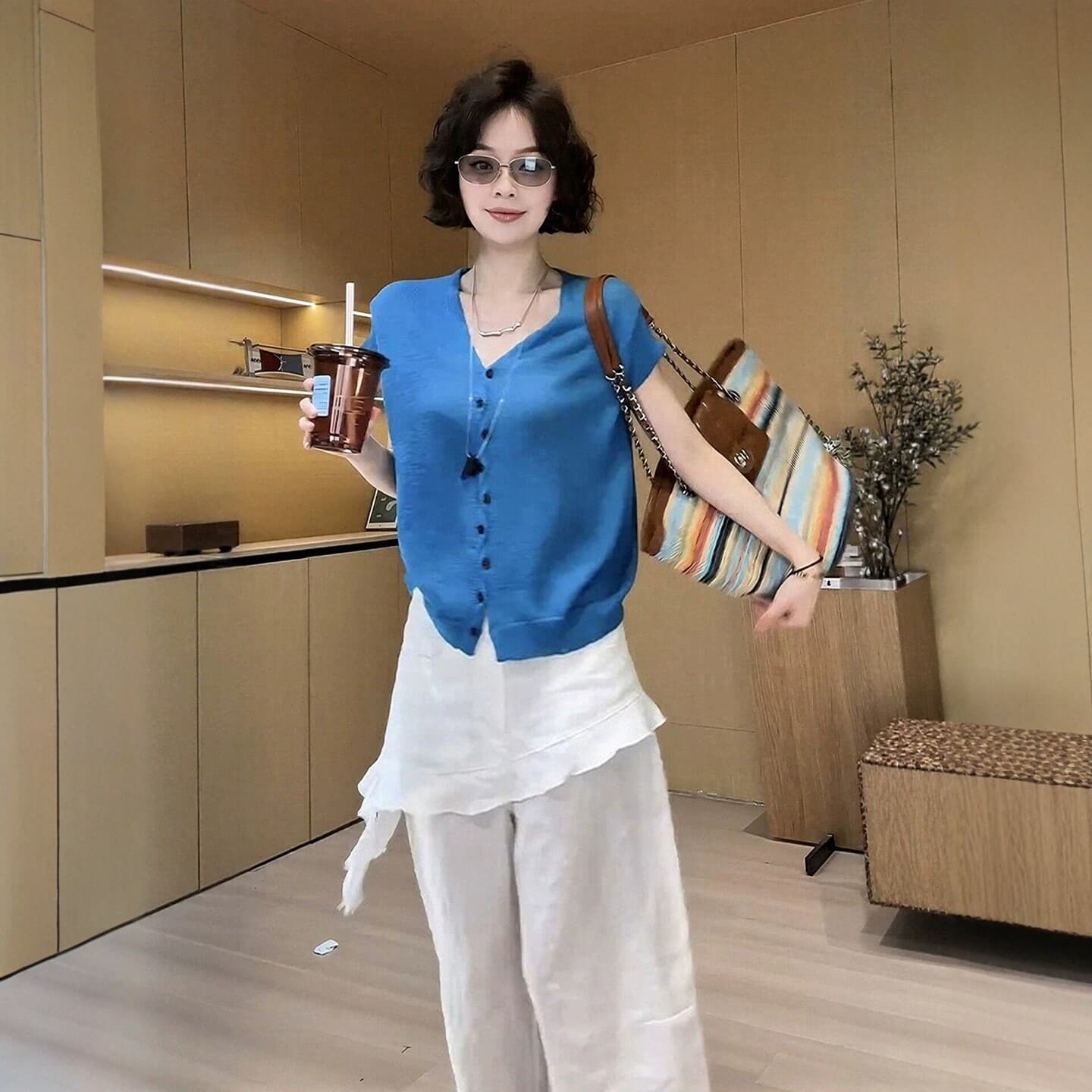 여름 착용 가져 가라. 전체 집합 빅 사이즈 지방 mm 파란색 니트 스웨터 방귀 커튼 와이드 레그 팬츠 고유 한 고급 투피스 슈트 여성 이미지 3