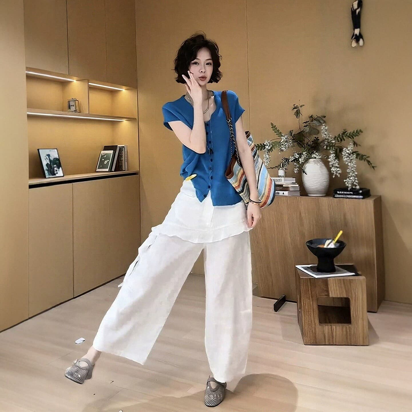 여름 착용 가져 가라. 전체 집합 빅 사이즈 지방 mm 파란색 니트 스웨터 방귀 커튼 와이드 레그 팬츠 고유 한 고급 투피스 슈트 여성 상세 이미지 2