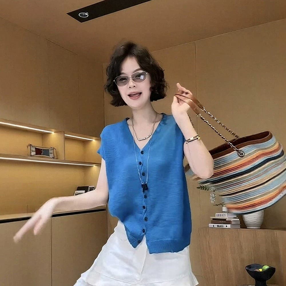 여름 착용 가져 가라. 전체 집합 빅 사이즈 지방 mm 파란색 니트 스웨터 방귀 커튼 와이드 레그 팬츠 고유 한 고급 투피스 슈트 여성 상세 이미지 3