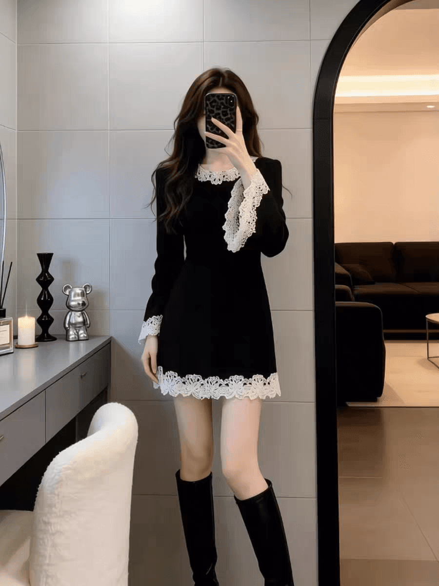 바람 레이스 조각 라운드 넥 여성 드레스 가을 겨울 A라인 스커트 이미지 3