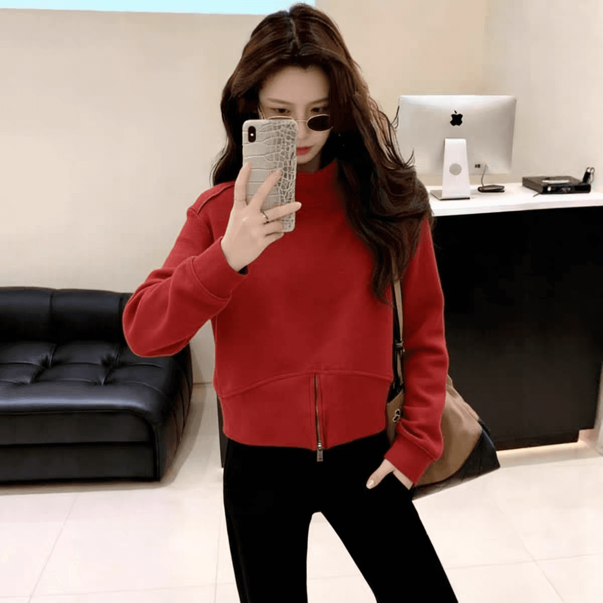 후드티 여성 새로운 2025 폭발 빨간색 쇼트 스타일 맨위 상세 이미지 2