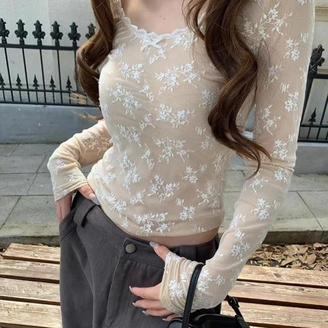 순수한 욕망 바람 레이스 레이스 긴팔 셔츠 여성 가을 겨울철 다용도 몸매 가꾸기 슬림해 보이는 핫걸 기본 셔츠 인사이드 잡아라. 의류 상세 이미지 2