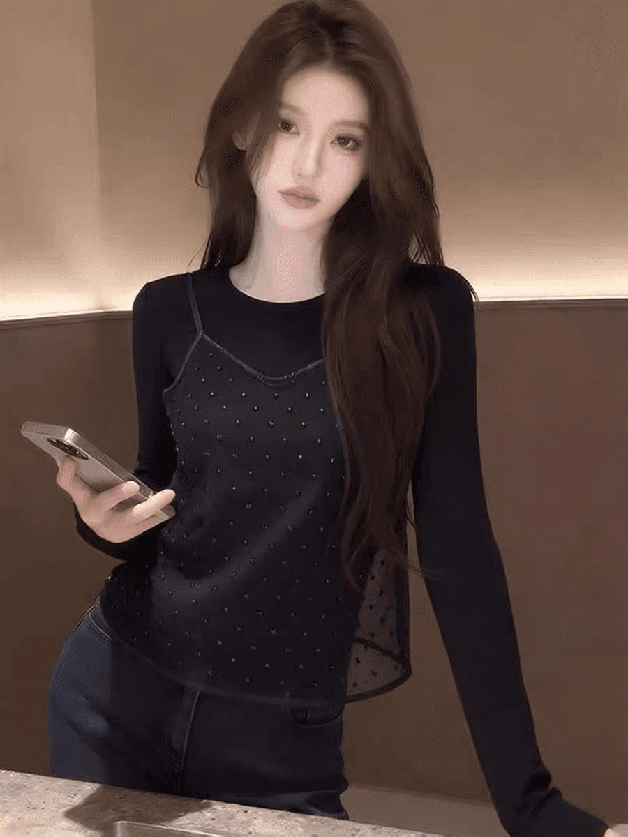 열린 봄 착용 가져 가라. 검정색 맨위 세트 여성 2026 품격 비즈 박기 망사 슬립 스택 착용 긴팔 티셔츠 투피스 세트 이미지 4