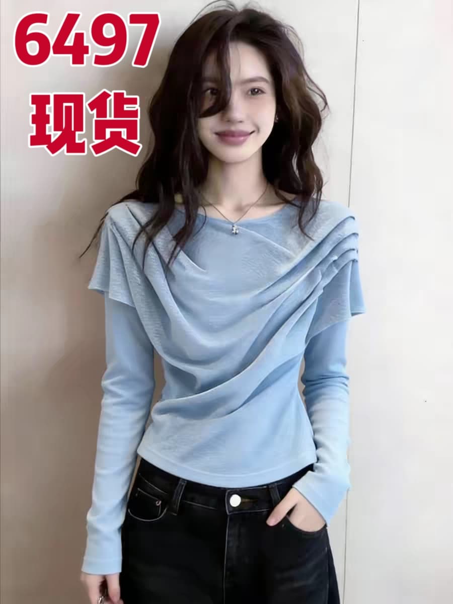 파란색 주름 맨위 여성 2026 봄 새로운 상세 이미지 1