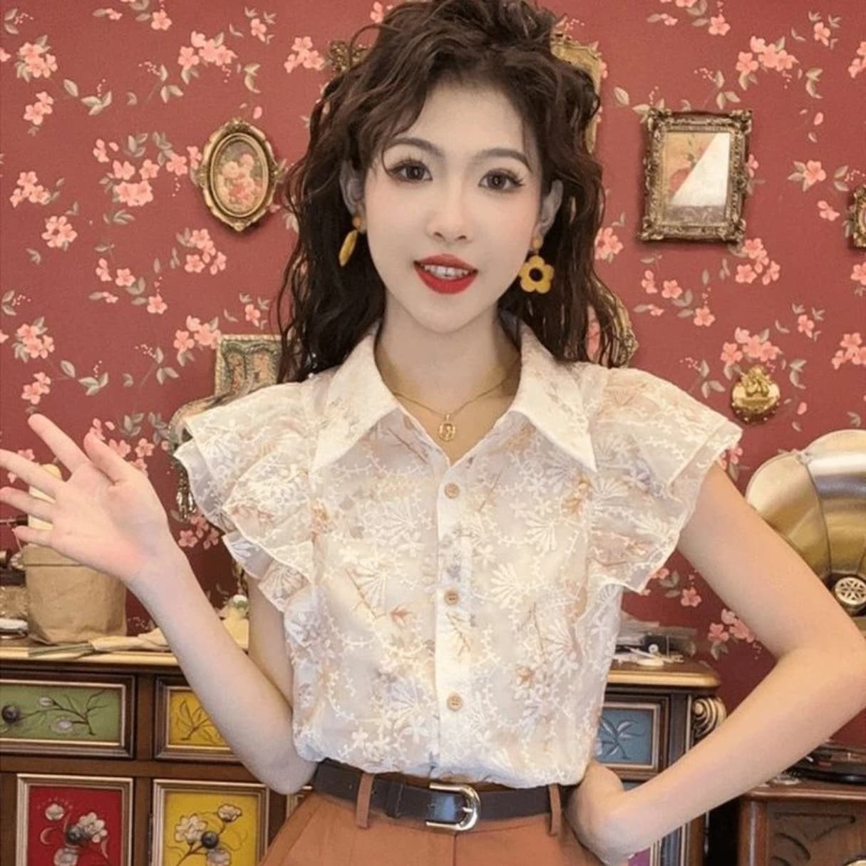 외국 가스 연령 감소 쉬폰 블라우스 쉬폰 반팔 맨위 여성 셔츠 여성 셔츠 이미지 3
