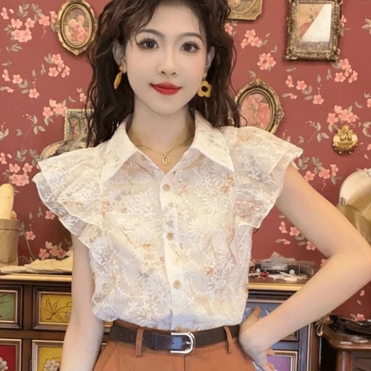외국 가스 연령 감소 쉬폰 블라우스 쉬폰 반팔 맨위 여성 셔츠 여성 셔츠 상세 이미지 4
