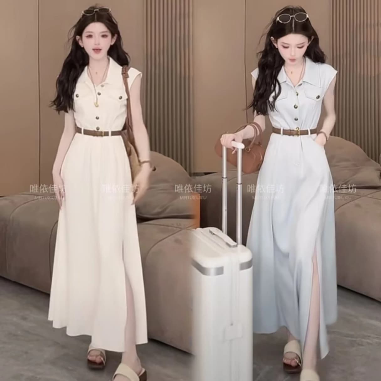 인터넷 유명인 폭발 여름 프랑스식 새로운 품격 폴로 칼라 민소매 드레스 허리 수축 출퇴근 슬림해 보이는 고급 센스 치마 이미지 4
