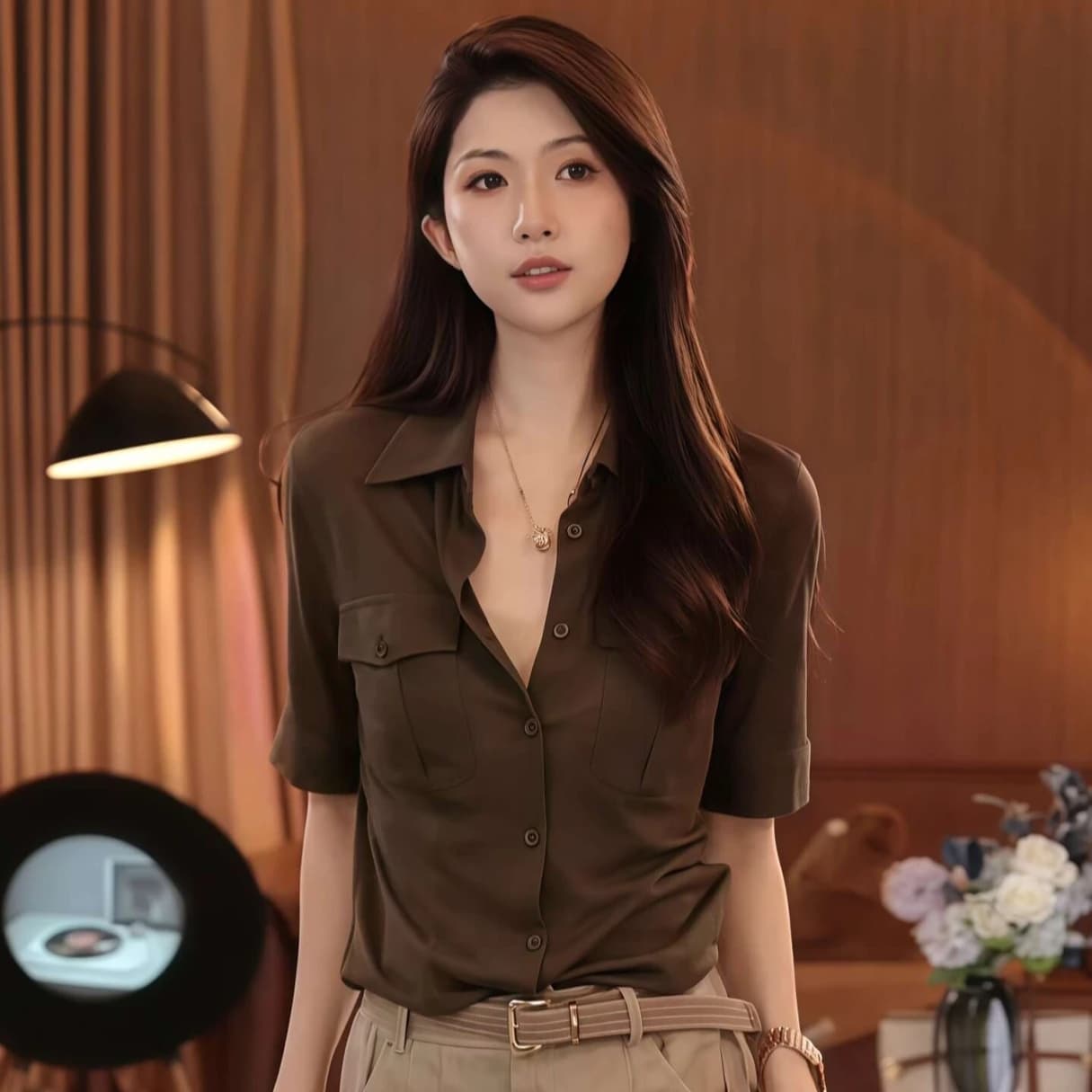 커피 색상 폴로 칼라 반팔 아마 여성 셔츠 2026 새로운 여름 맨위 이미지 4