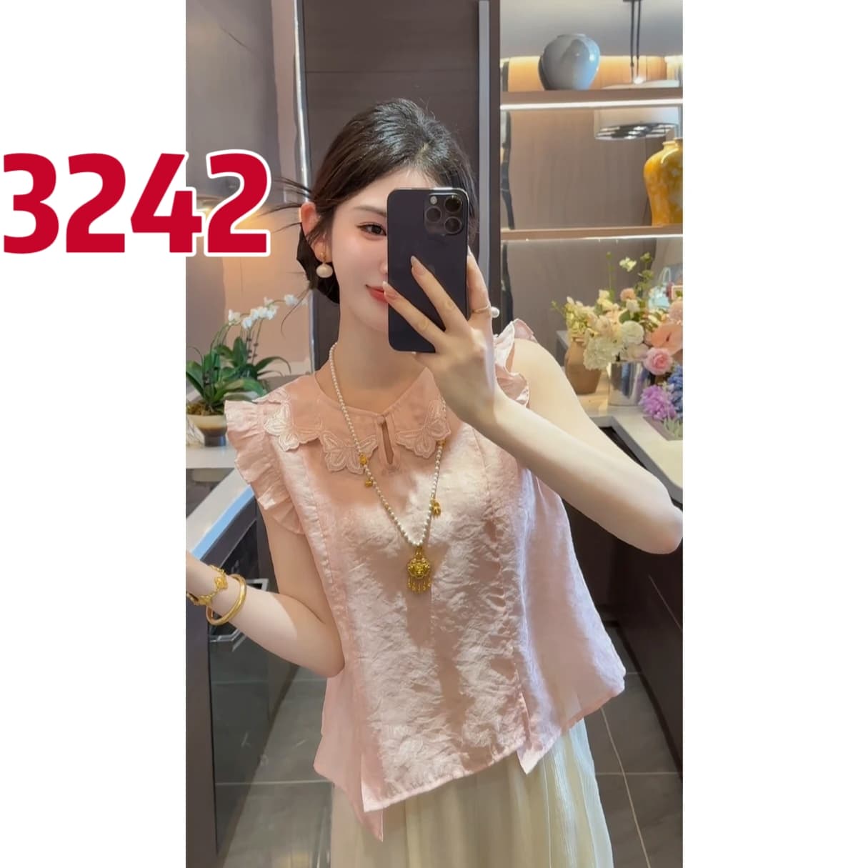 2026 여름 새로운 사람들 실크 자카드 작은 날다 소매 베이비 칼라 맨위 이미지 4