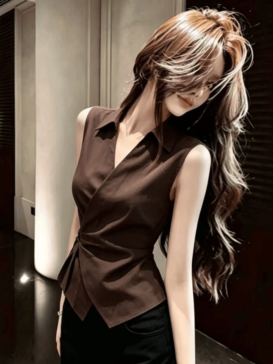 브라운 주름 불규칙 V넥 민소매 여성 셔츠 여름 셔츠 상세 이미지 2