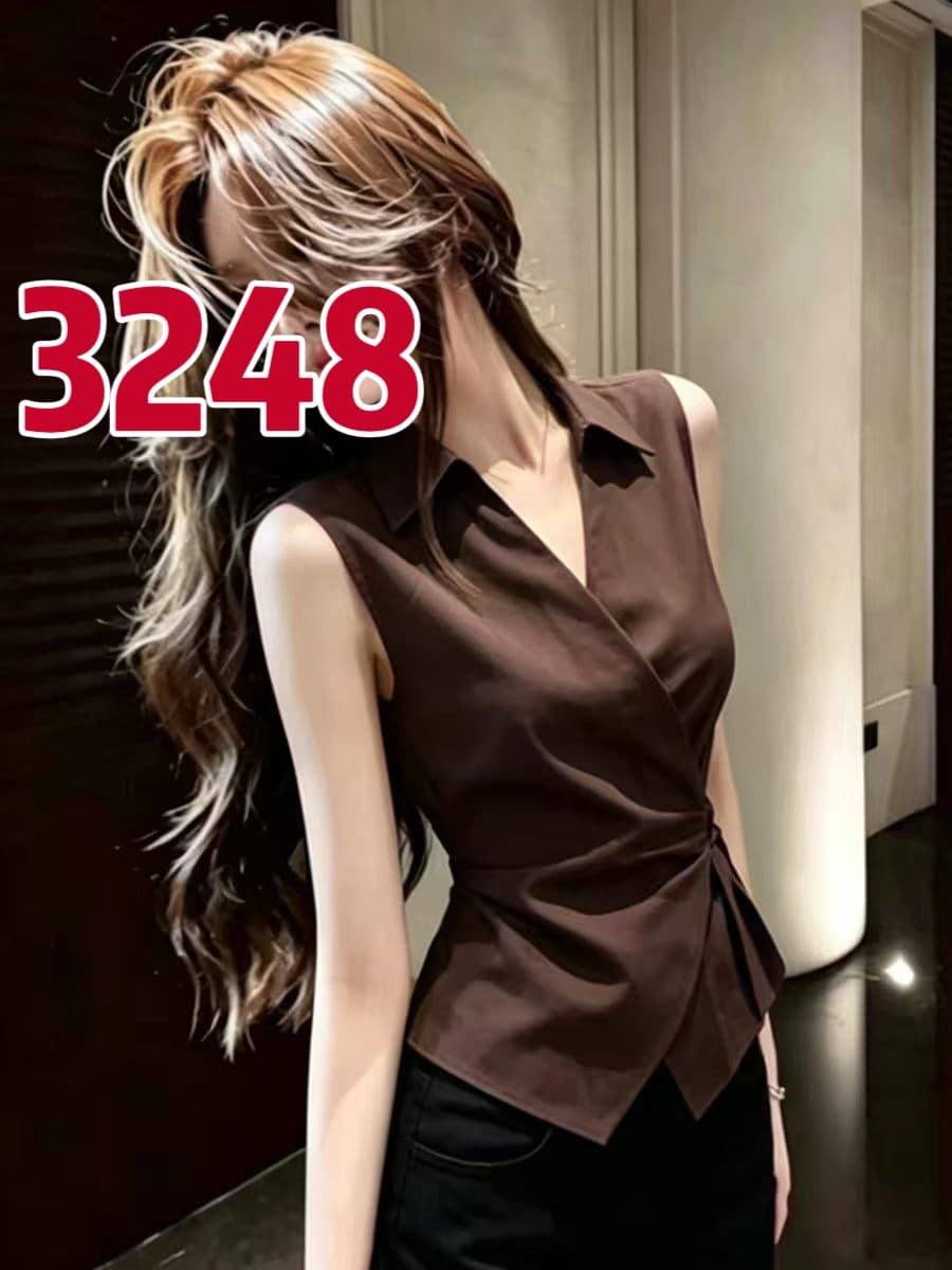 브라운 주름 불규칙 V넥 민소매 여성 셔츠 여름 셔츠 상세 이미지 4