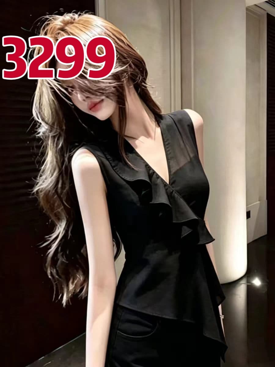 검정색 프릴 V넥 민소매 조끼 여성 셔츠 여름 셔츠 상세 이미지 1