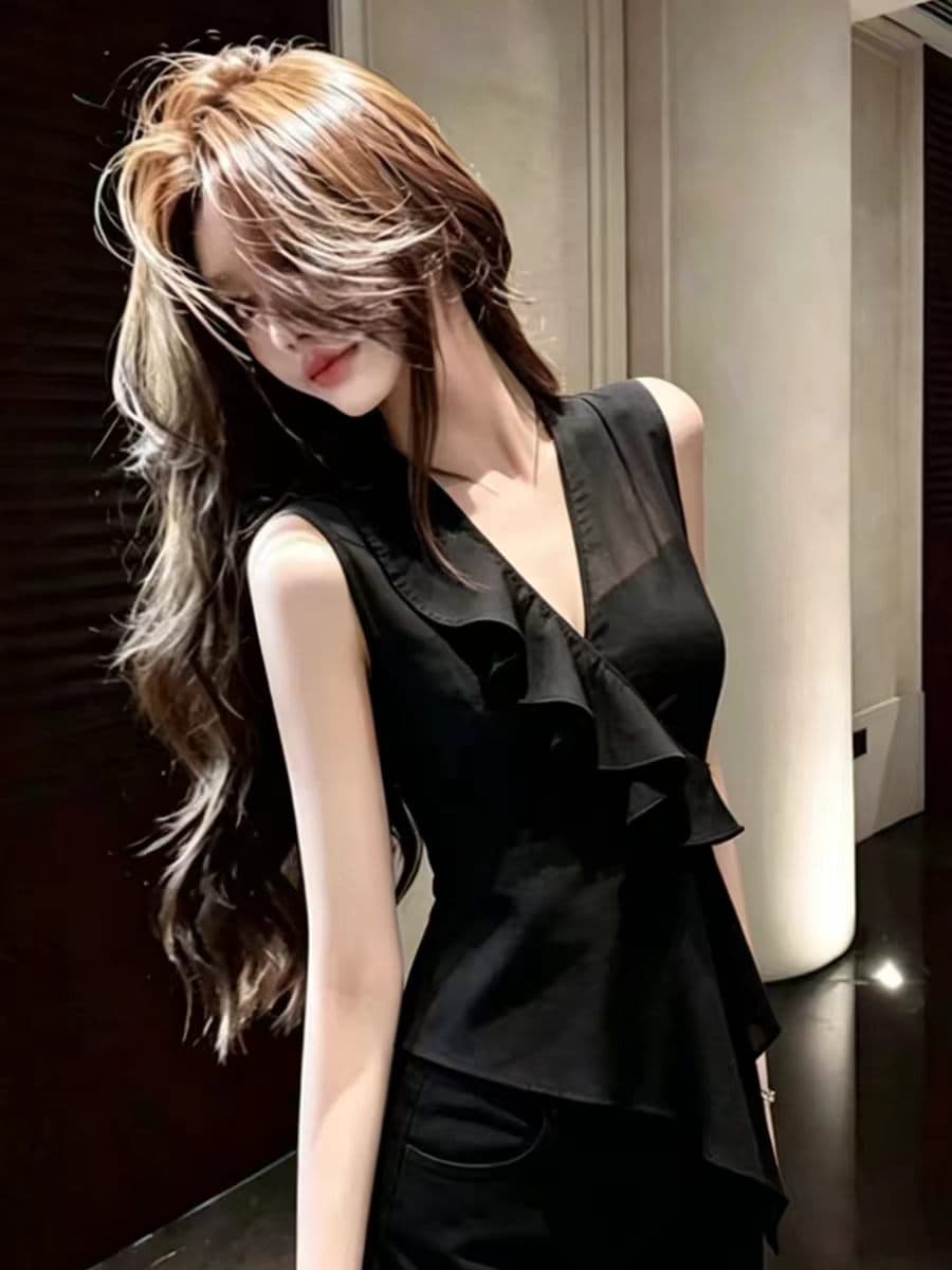 검정색 프릴 V넥 민소매 조끼 여성 셔츠 여름 셔츠 상세 이미지 4
