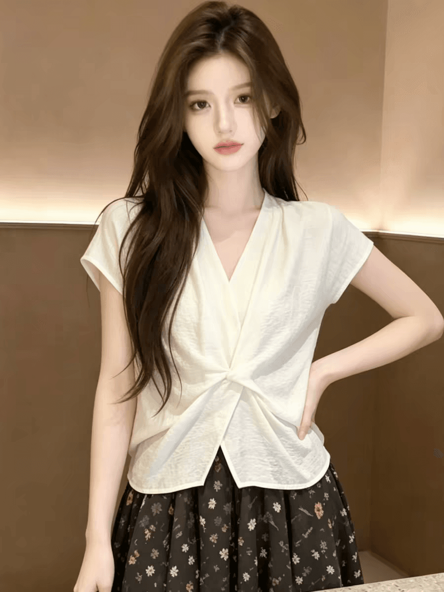 V넥 비틀림 반팔 셔츠 여자 2026 새로운 여름 맨위 상세 이미지 3