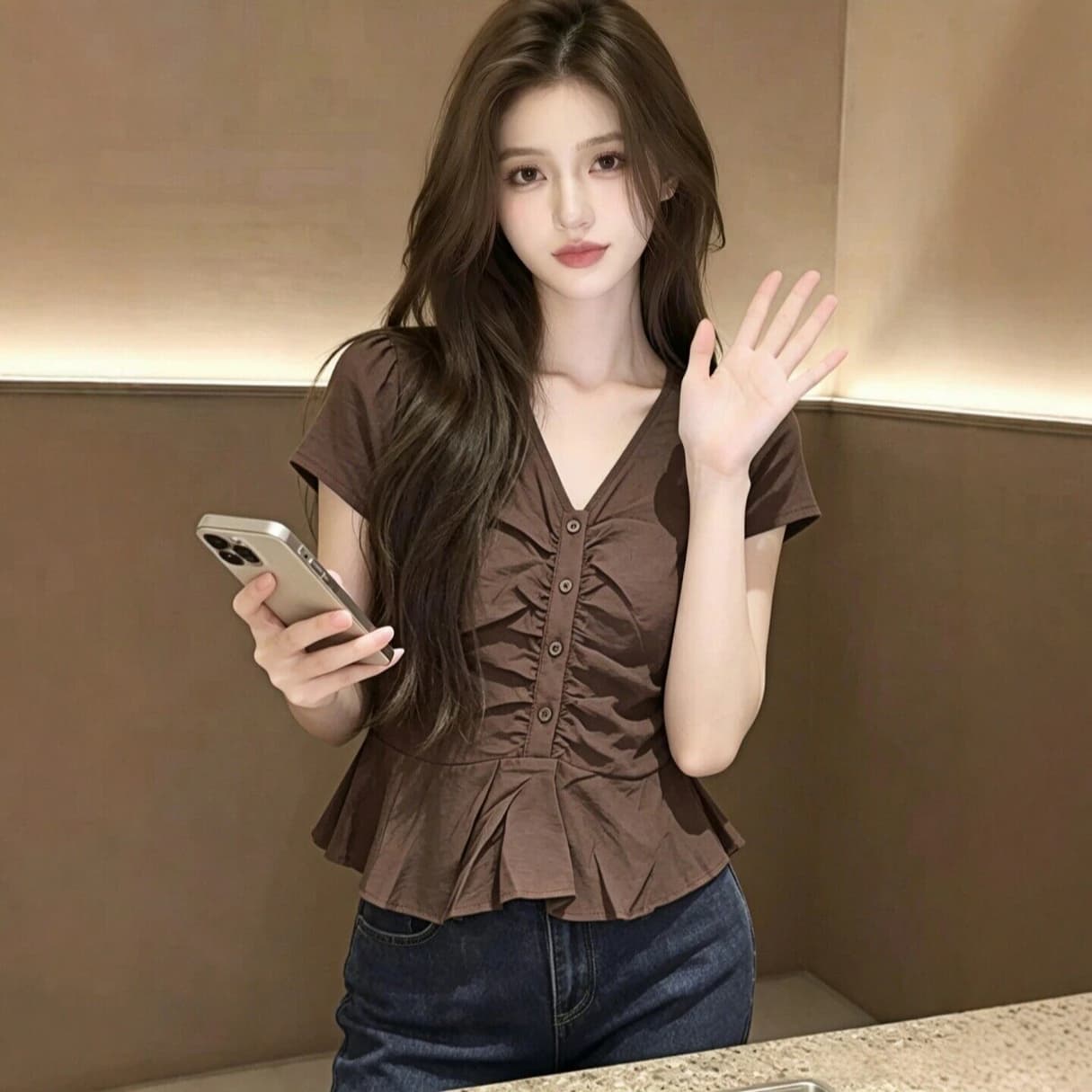 반팔 셔츠 여자 2026 새로운 여름 디자인 센스 주름 여성 셔츠 맨위 이미지 2