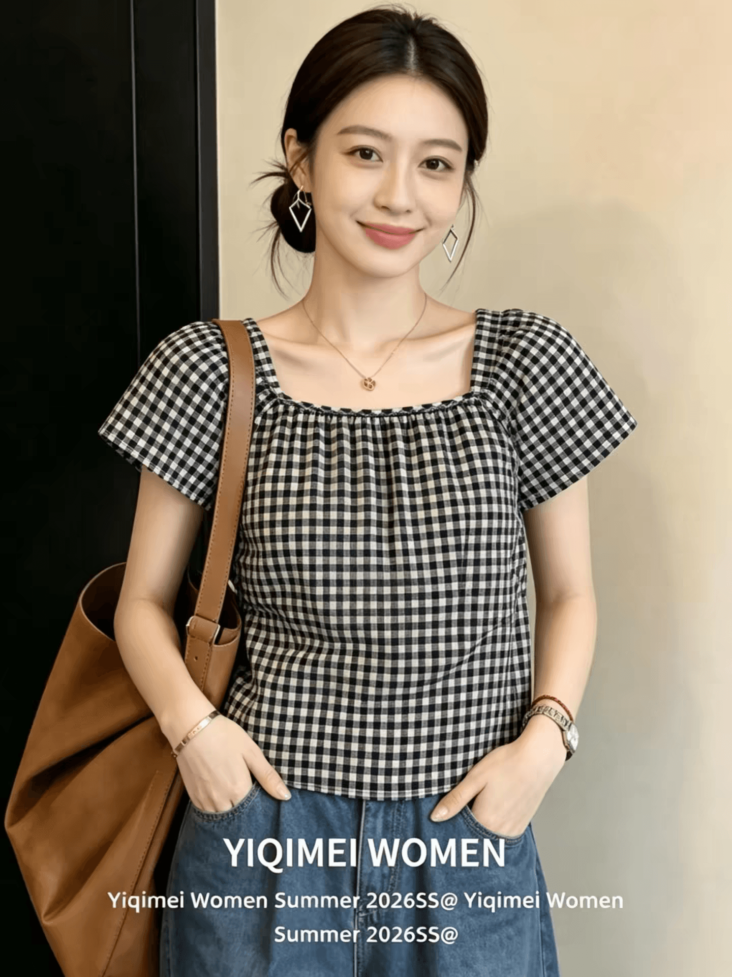 체크무늬 광장 칼라 반팔 셔츠 여자 여름 맨위 셔츠 상세 이미지 3