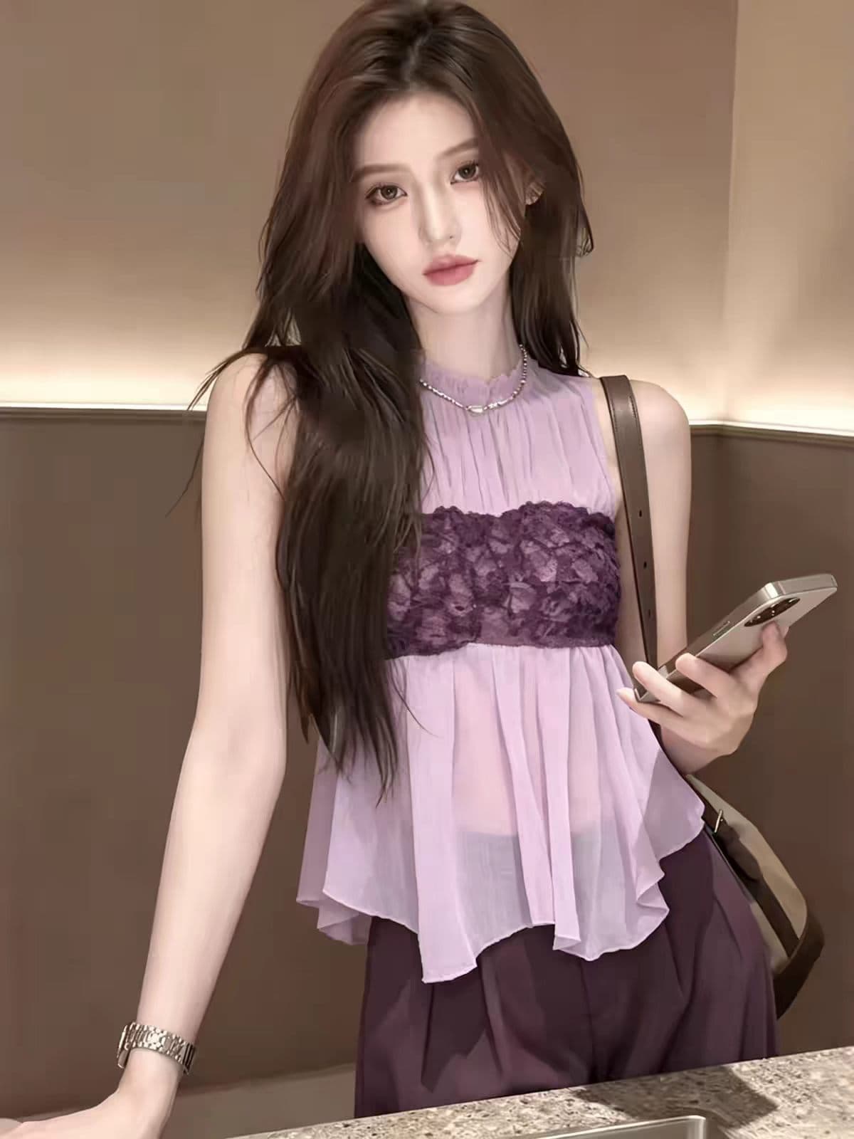 배색 레이스 조각 민소매 여성 셔츠 여름 2026 새로운 맨위 상세 이미지 4
