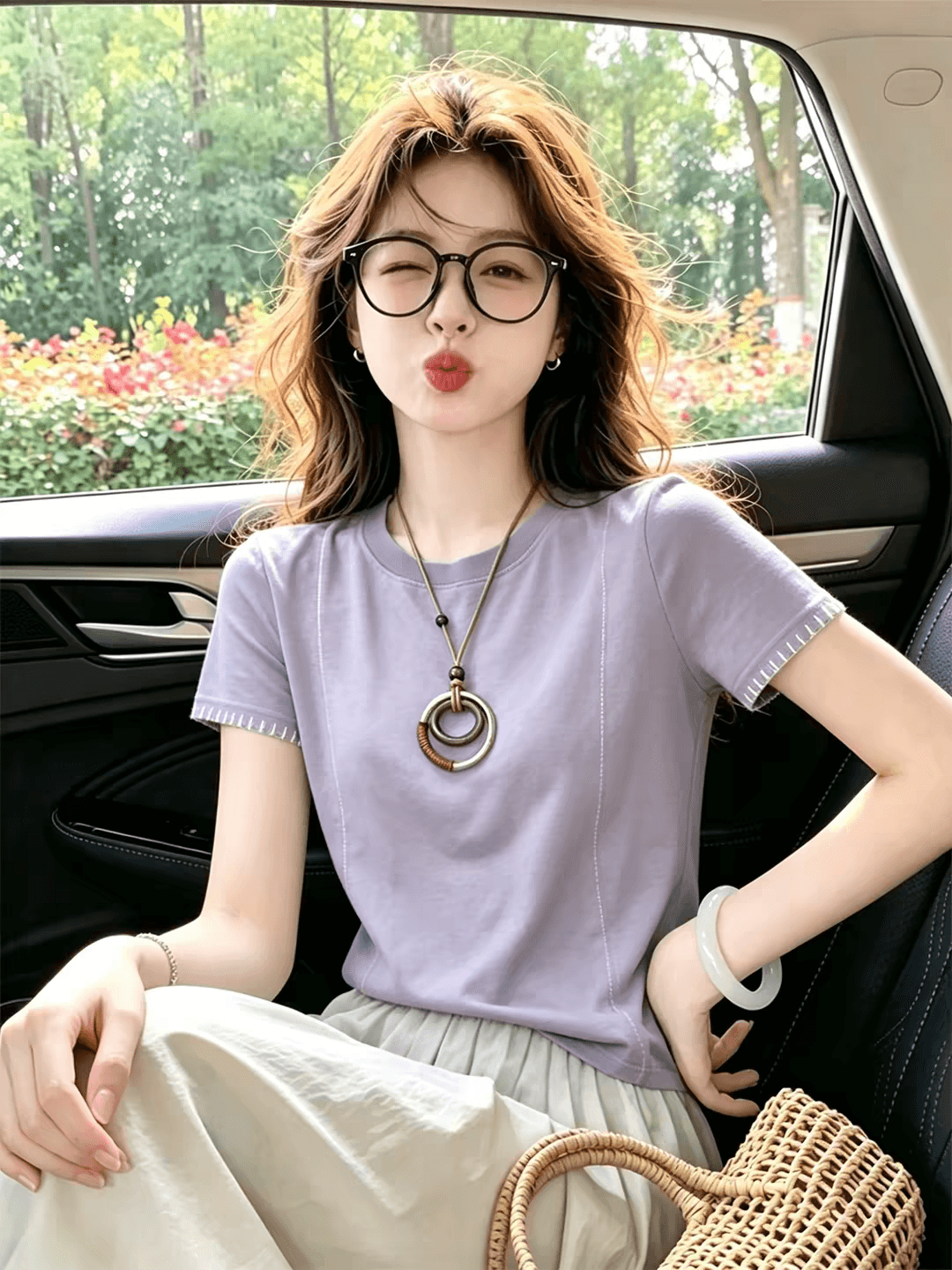 보라색 반팔 티셔츠 여성 2026 여름 패션 루즈핏 맨위 이미지 3