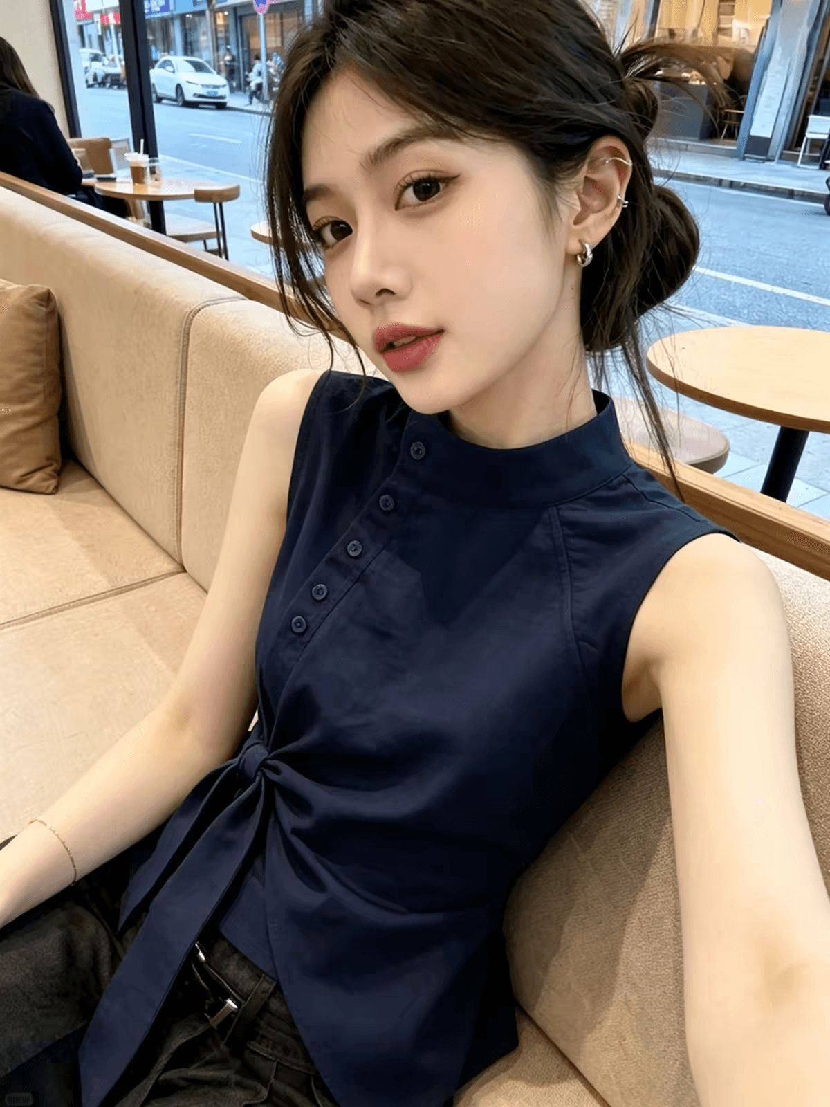 파란색 맨위 스탠드 칼라 민소매 여성 셔츠 여름 셔츠 이미지 3
