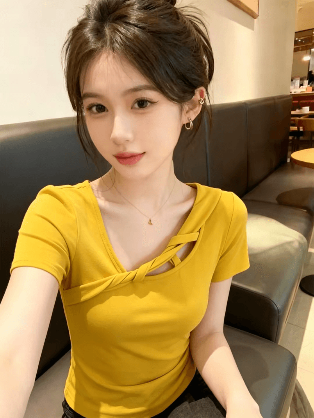여름 황색 반팔 티셔츠 여성 의류 2026 새로운 몸매 가꾸기 맨위 이미지 3
