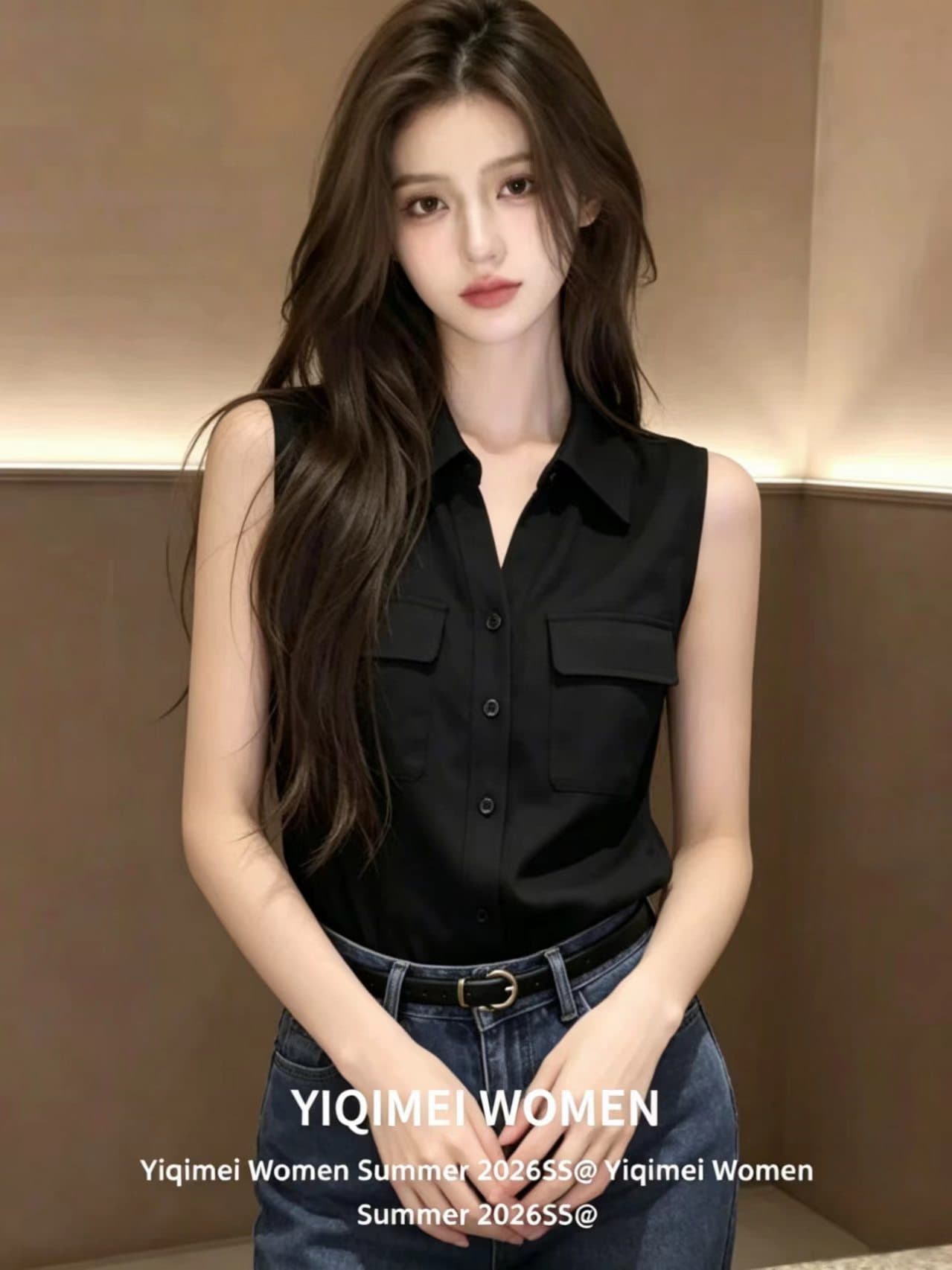 POLO 칼라 민소매 여성 셔츠 여름 고급 센스 검정색 베스트 조끼 맨위 이미지 3